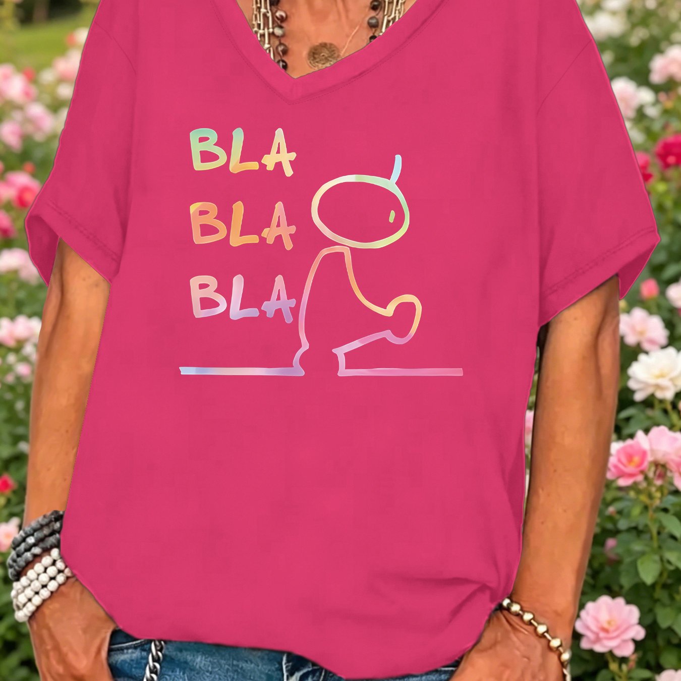 TEMU Plus Size, 1xl-8xl Women's Plus Size Oversized V-neck T-shirt With Bla Print - Opaque Medium Stretch Fabric, Short Sleeve Pullover Top, Machine