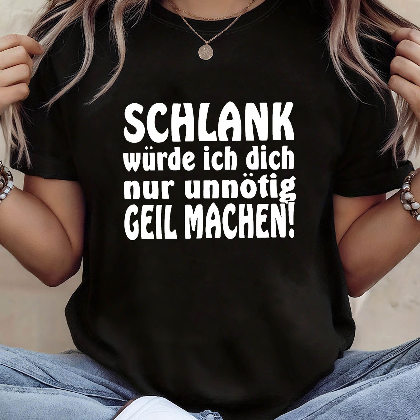 Image of Plus Size, Women's Plus Size German T-shirt - "'t Bother Unnecessarily Cool" Funny German Text Print, Short Sleeve Crew Neck Casual Blouse Top Suitable For Casual Attire, Machine Washable