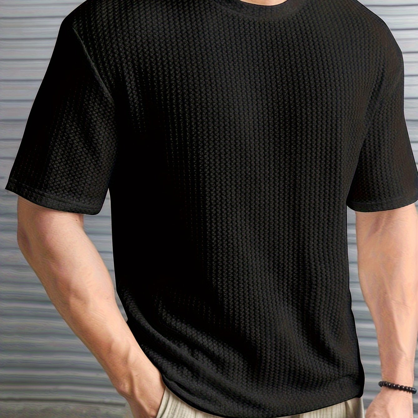 TEMU Casual Waffle- Short Sleeve T-shirt - Breathable , Washable, Round Neck,