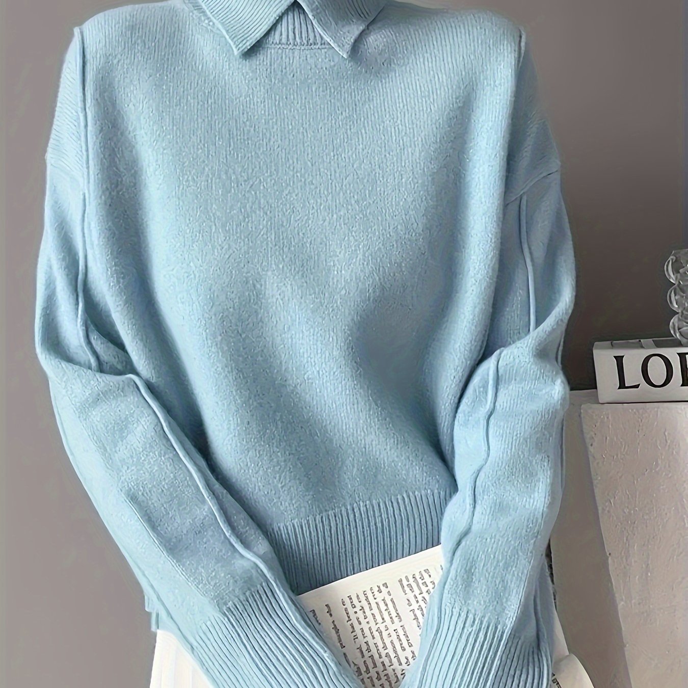 TEMU [popular ] Collared Long Sleeve Knit Sweater For Women, Loose Fit Winter Pullover, Acrylic, Solid Color