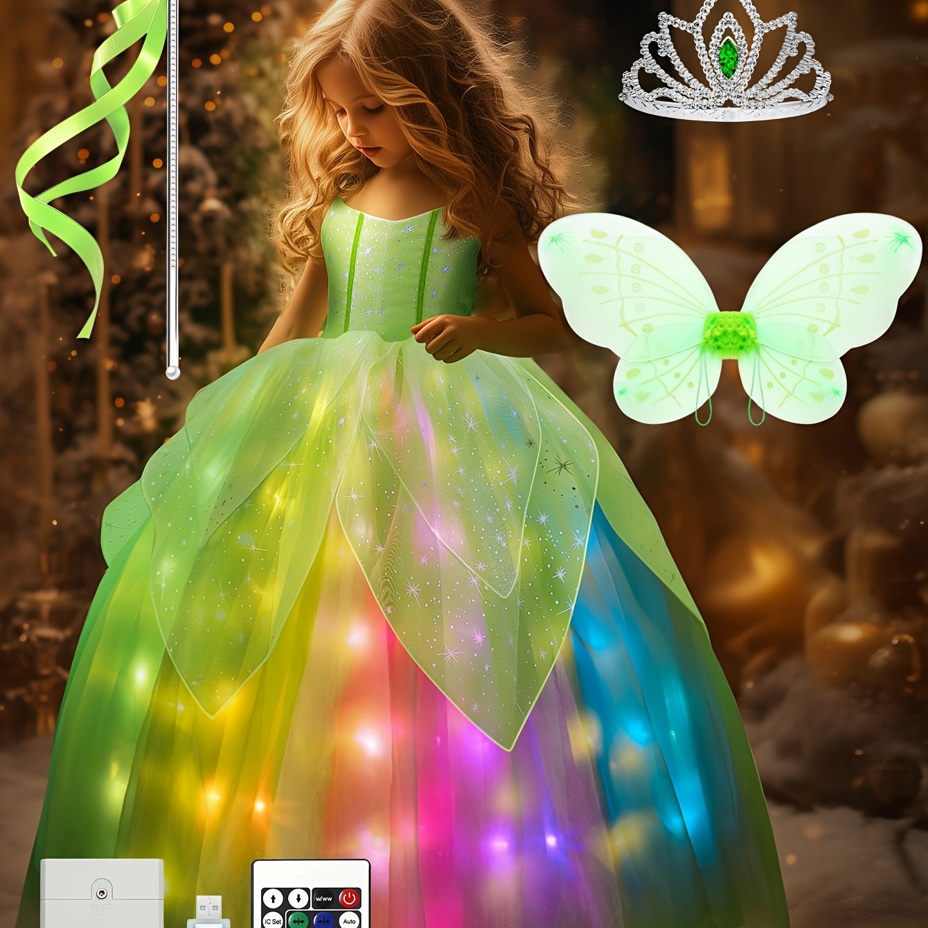 TEMU Girls' Princess Party Dress-up Costume With Multiple Toy Additions, Wireless Voice Control, Led Multiple Lighting , Christmas And Halloween Prom