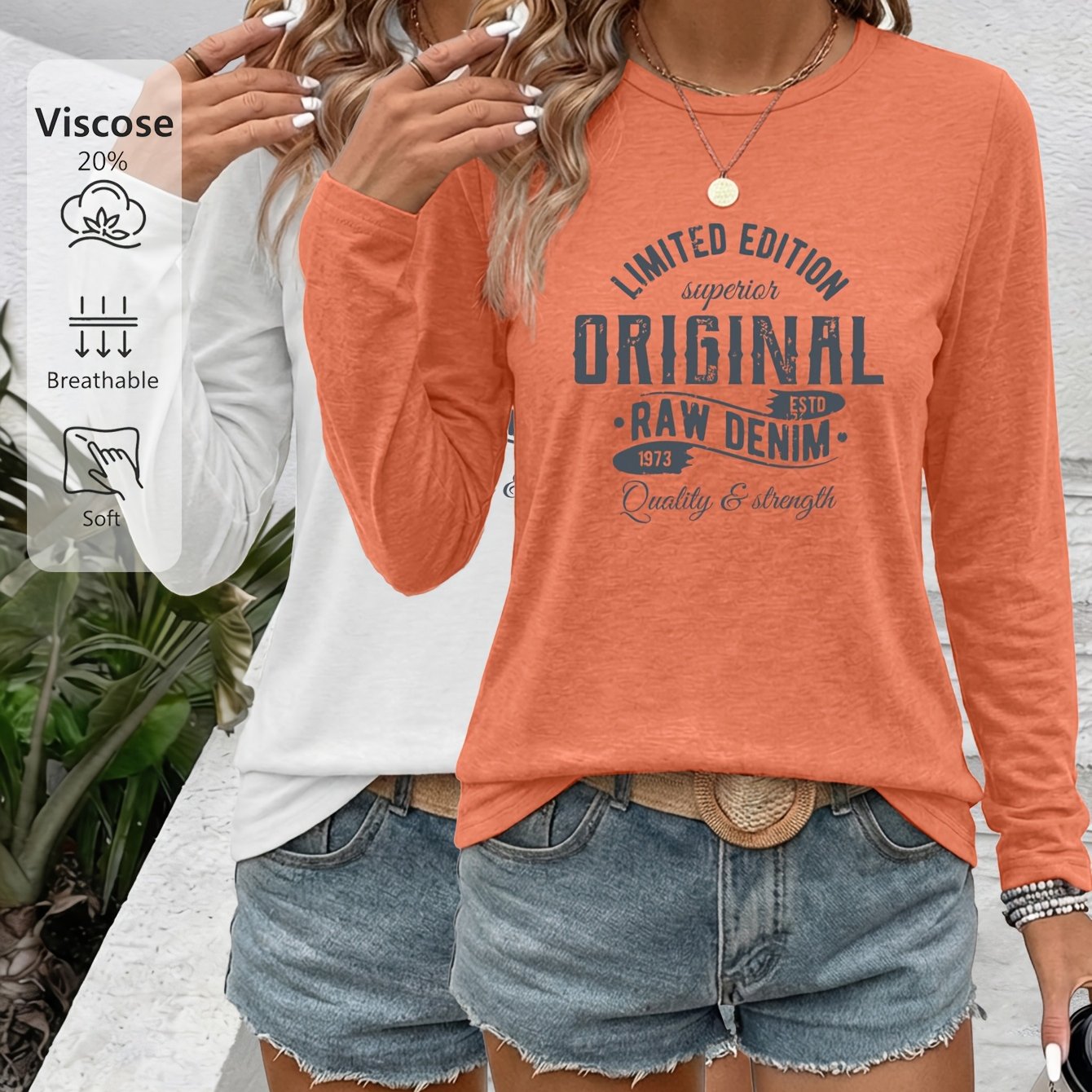 TEMU 2pcs Early Autumn Thin 1973 Commemorative Round Neck Long Sleeve Set, Full Arc Edition Retro Text Print Design, -friendly High-elastic Durable