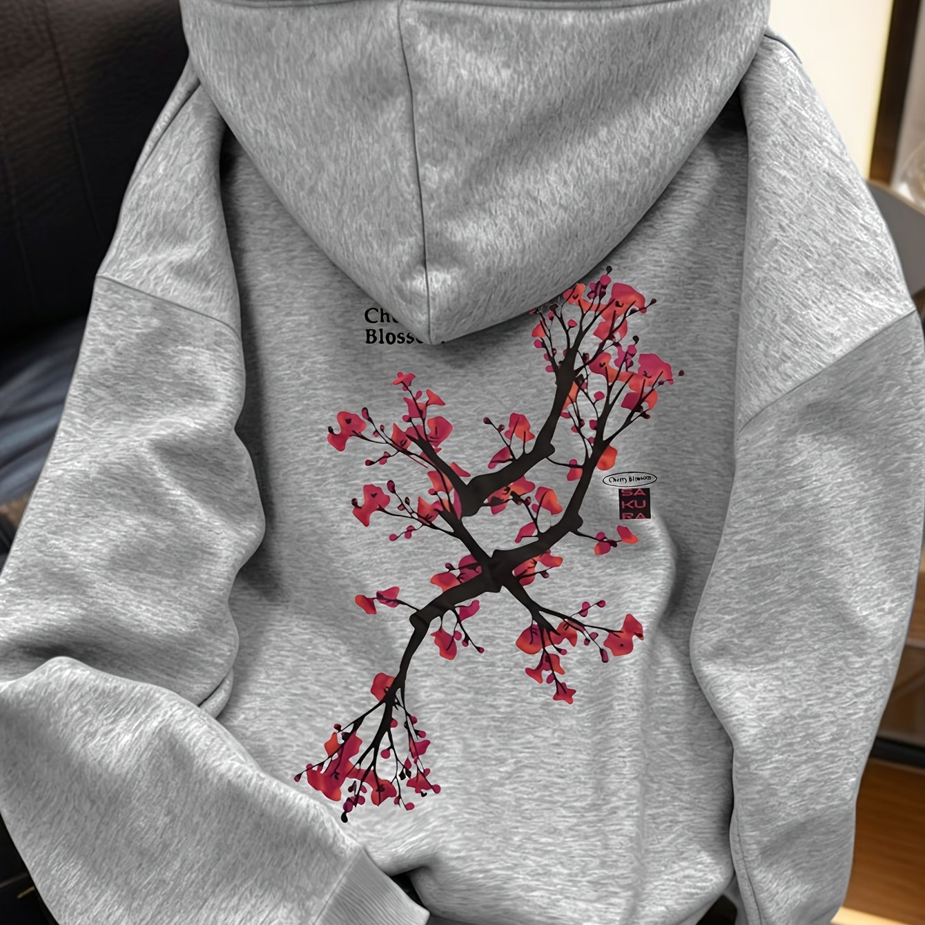 TEMU A Creative Street-style Fashion Trendy Oversized Loose-'s Top With Ink-wash Cherry Chinese-style Pattern Print, -lined For Spring, Autumn, And