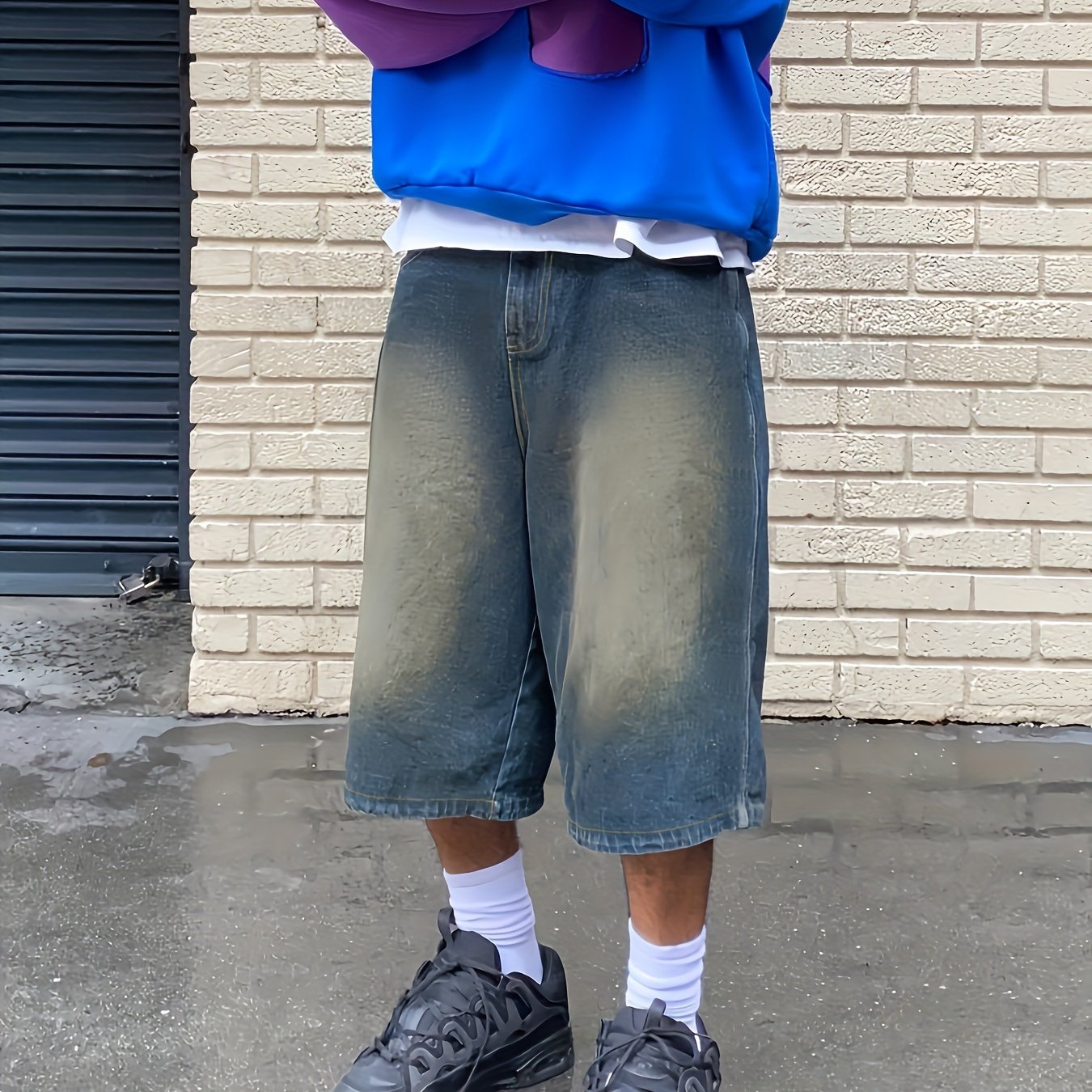 Image of Trendy Faded Black Washed Denim Jorts Men, Loose Straight Leg Design Casual Knee Length Jean Shorts, Hip Hop Streetwear Summer Daily Wear Shorts