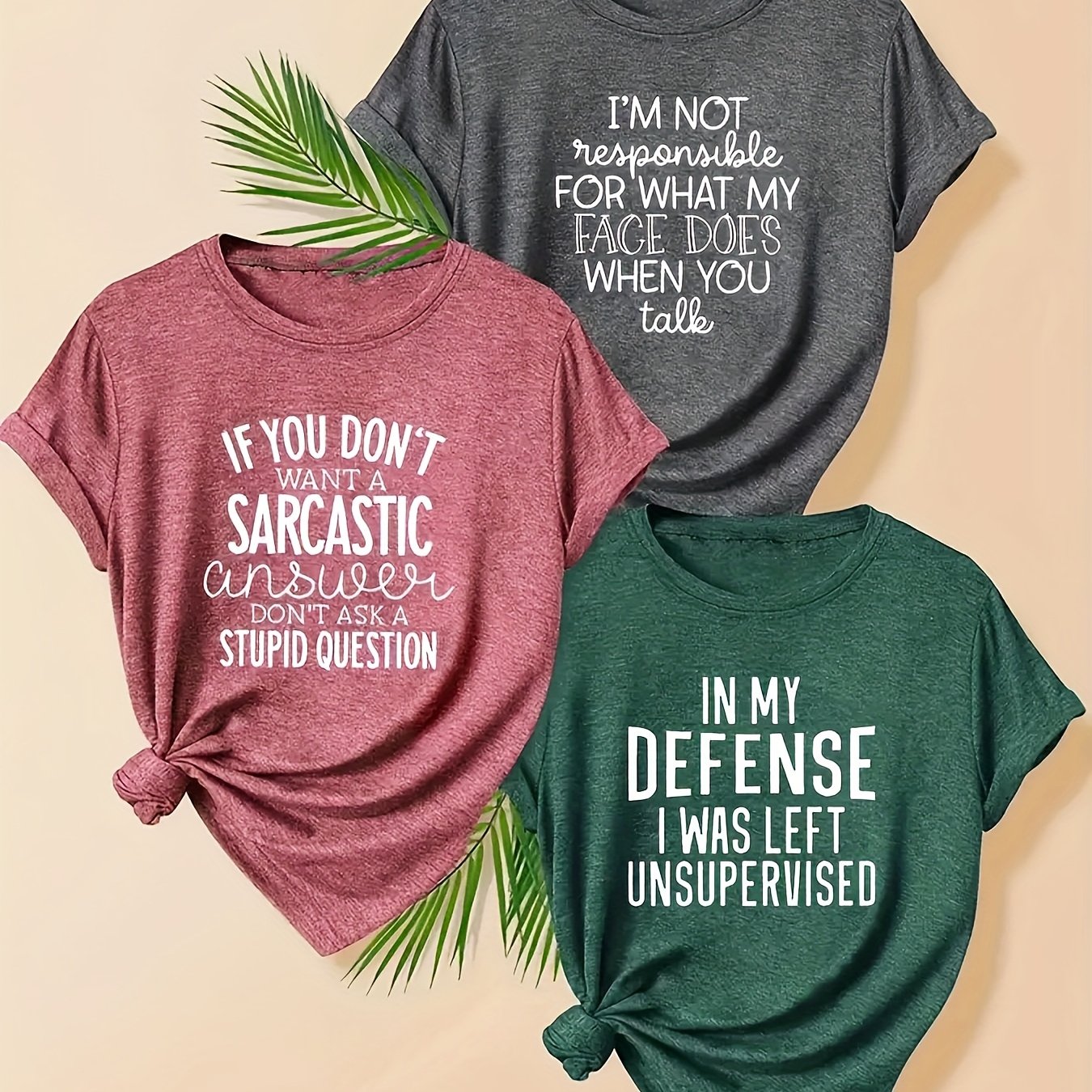 TEMU Three-pack Women's Letter Print Short Sleeve T-shirts - White With Large Letter Graphic, Round Neck, Loose Fit Summer Casual Wear, Plus Size,