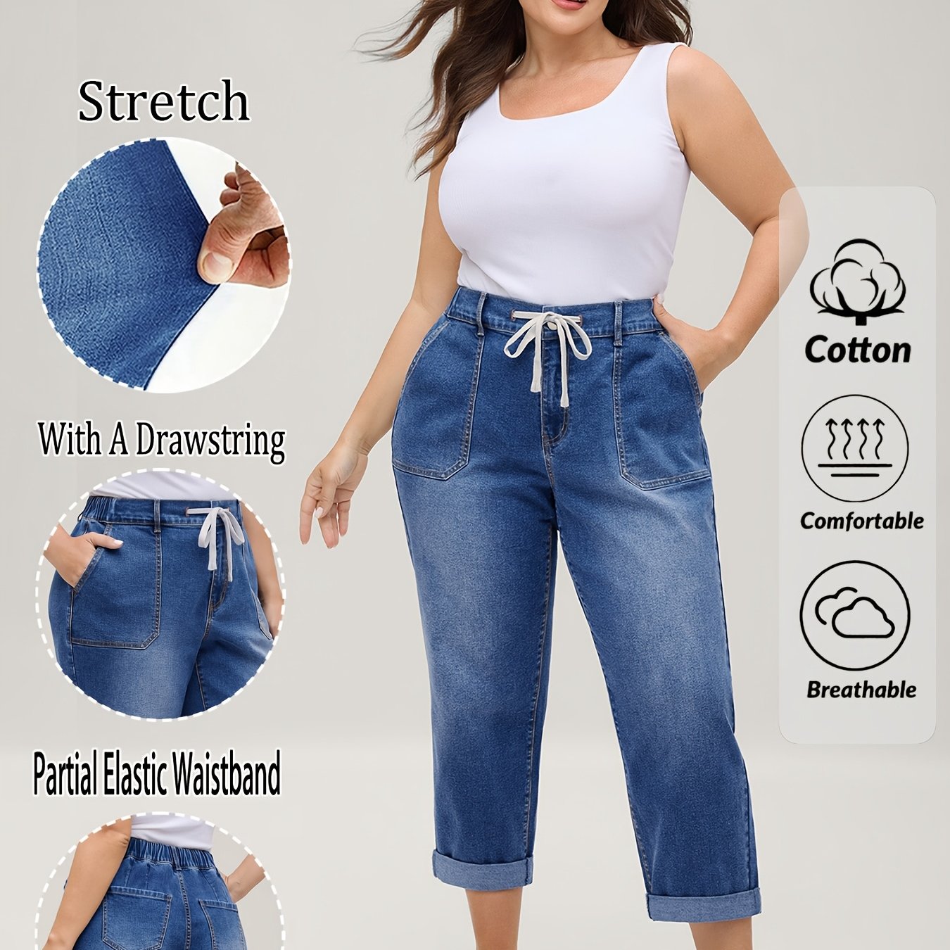 Image of Women's Plus Size Pants With Elastic Waistband And Straight Through Cropped Jeans, Waist Drawstring Design, Light Blue Washed Denim Pants, Women's Plus Size Jeans And Clothing
