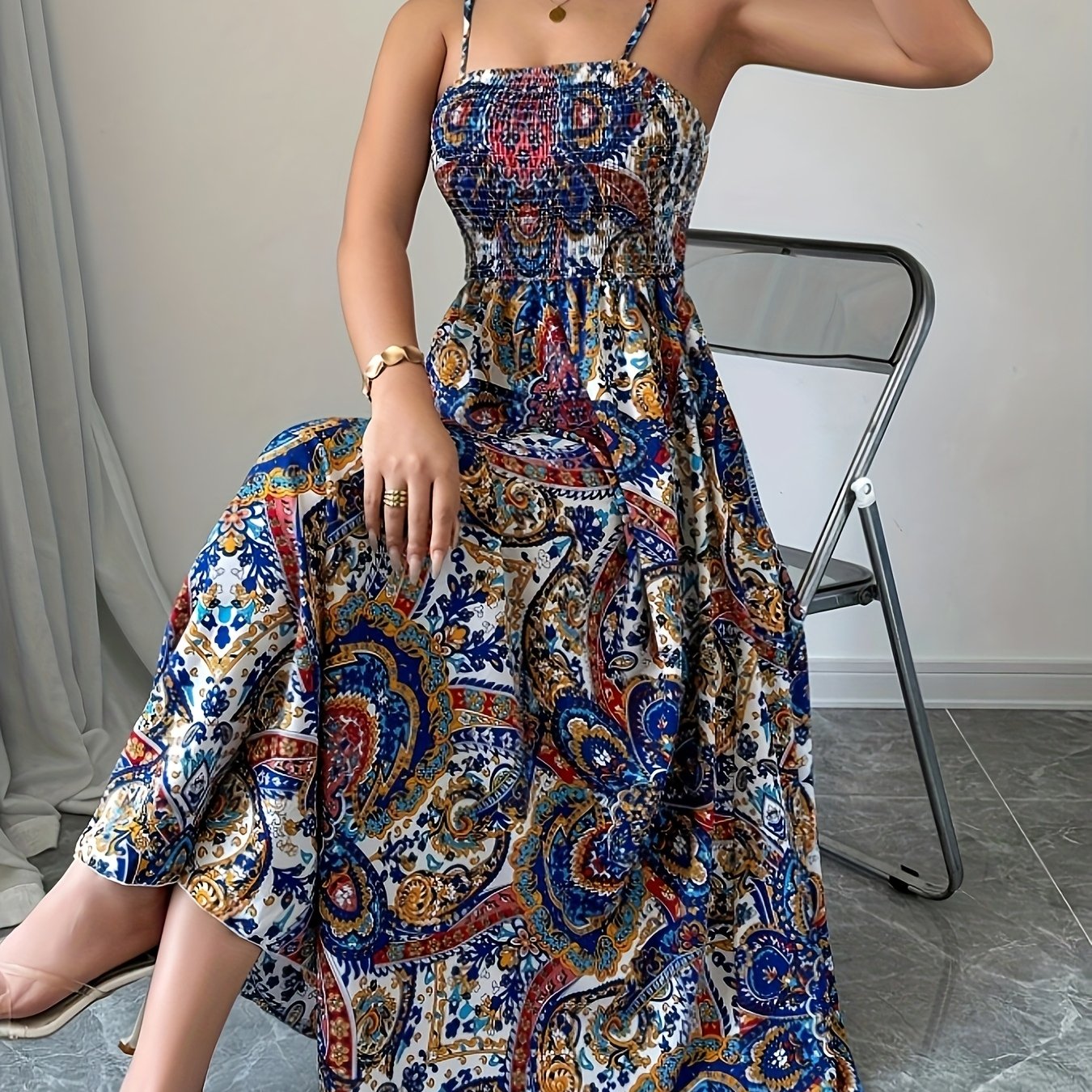 TEMU A Long Vacation Beach Dress For Women With A Paisley Print And Thin Straps, Perfect For Casual