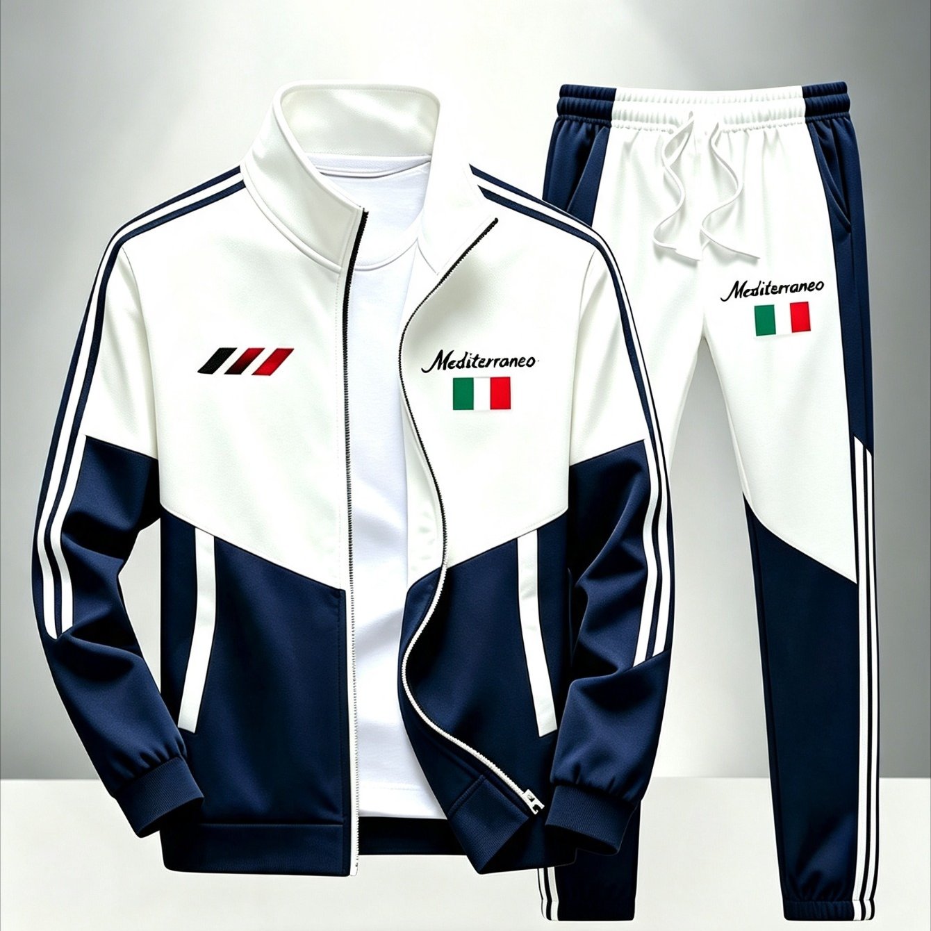Image of Men's Stylish Two-piece Tracksuit Set With Italian Flag Print, Navy And White, Lightweight Comfortable Design For Casual Wear, Home, Lounge, Outdoor Activities
