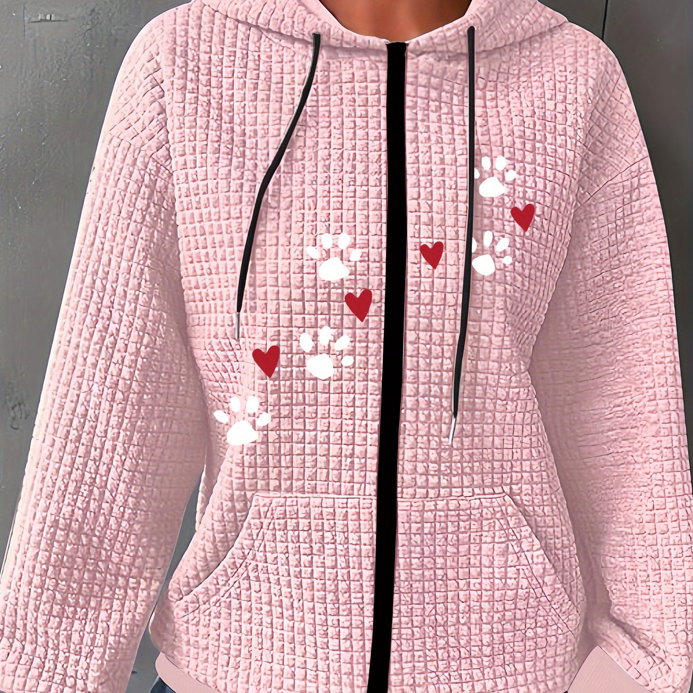TEMU Red Heart-shaped And Dog Paw Print, Women's Casual Waffle Zipper Hooded Jacket With Drawstring - Polyester Fiber, Machine Washable, Geometric