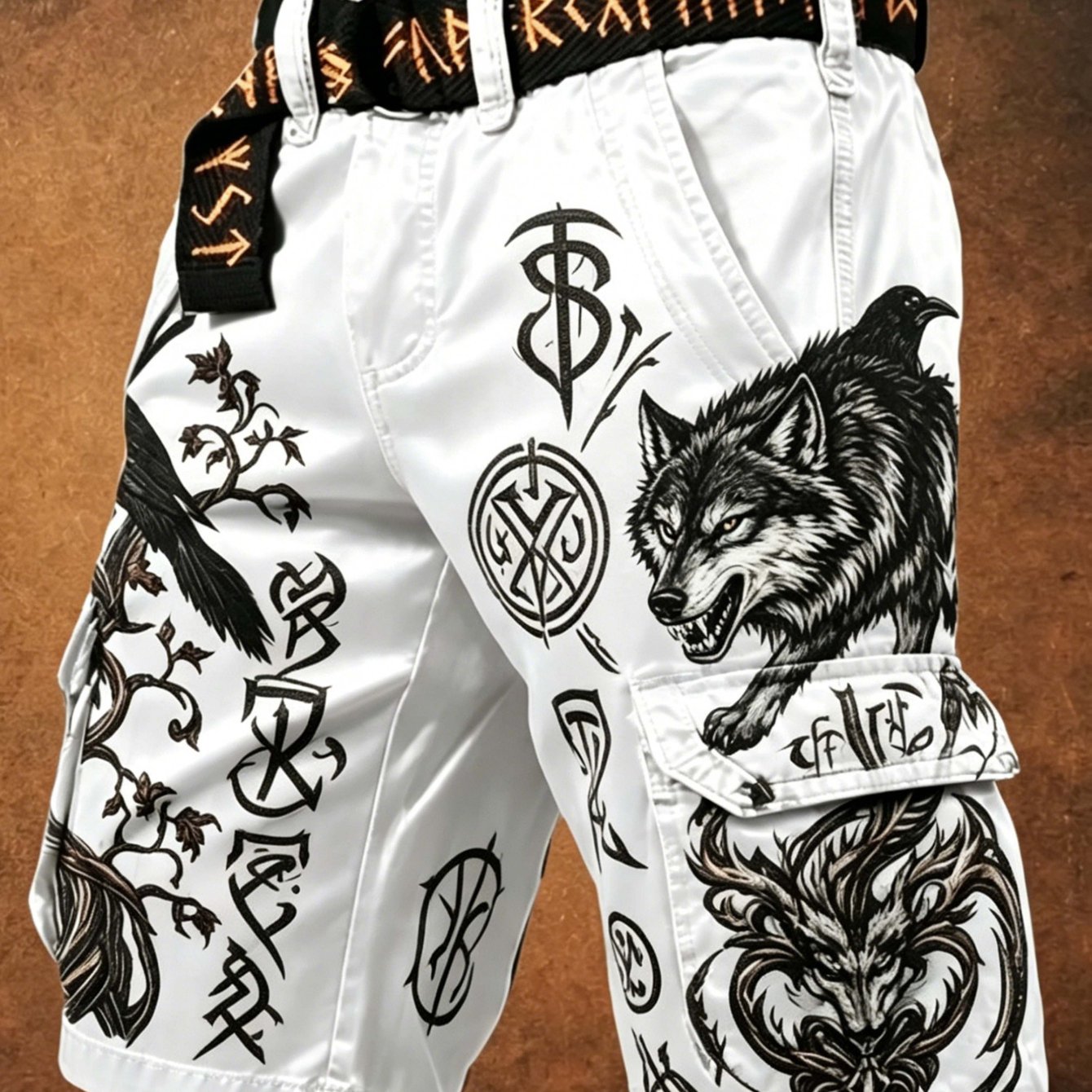 TEMU Viking Wolf Print Tactical Work Shorts Suitable For Teen - Nordic Wolf Totem Belted (belt Not Included), Multi-pocket Functional Shorts For