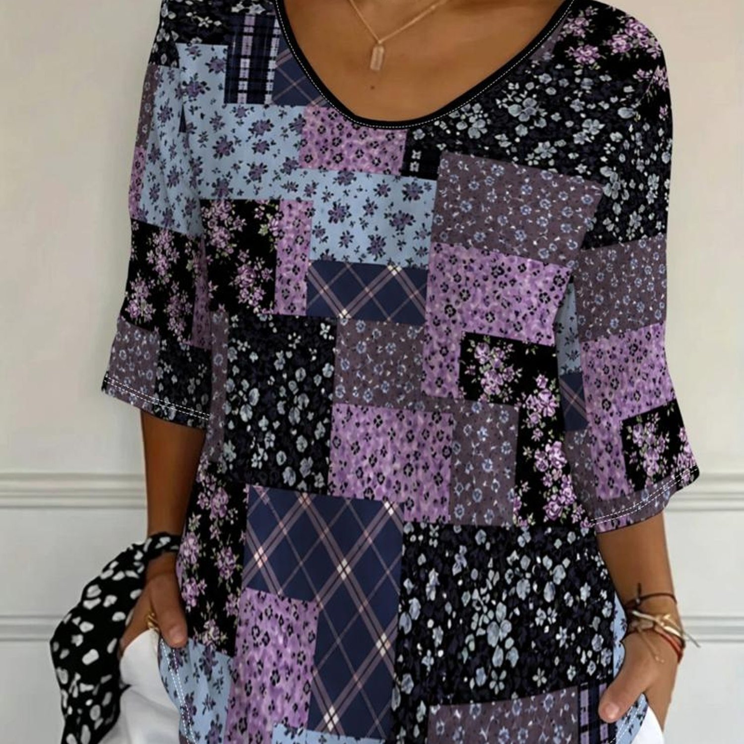 TEMU Plus Size, Plus-size Women's Geometric Pattern Top, Mixed Colors, Multiple Sizes , Modern , Suitable For Daily Wear And Casual Occasions,