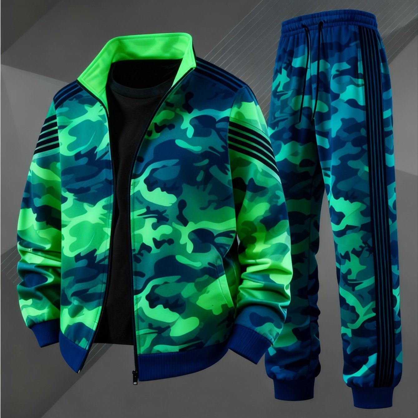 Image of 2pcs Men's Casual Sportswear Set With Camouflage Ribbed Fabric And Elastic Drawstring Waist Jogging Pants, Comfortable Zipper Jacket And Casual Wear.
