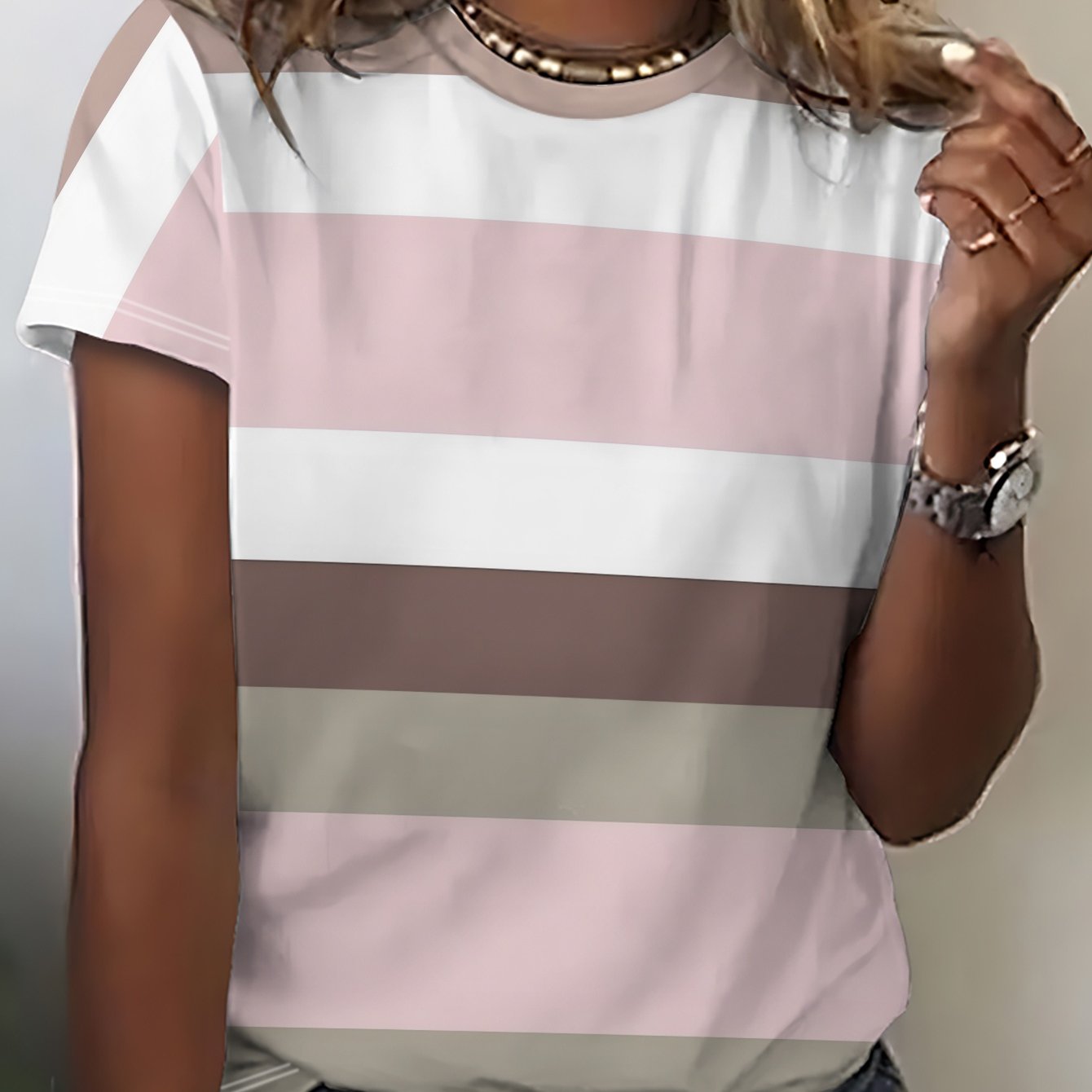 TEMU Women's Short Sleeve T-shirt For Summer, Printed Pattern Of Light Brown, White, Pink, Brown, Gray-green, Gray-, Fiber, Machine Washable Women's