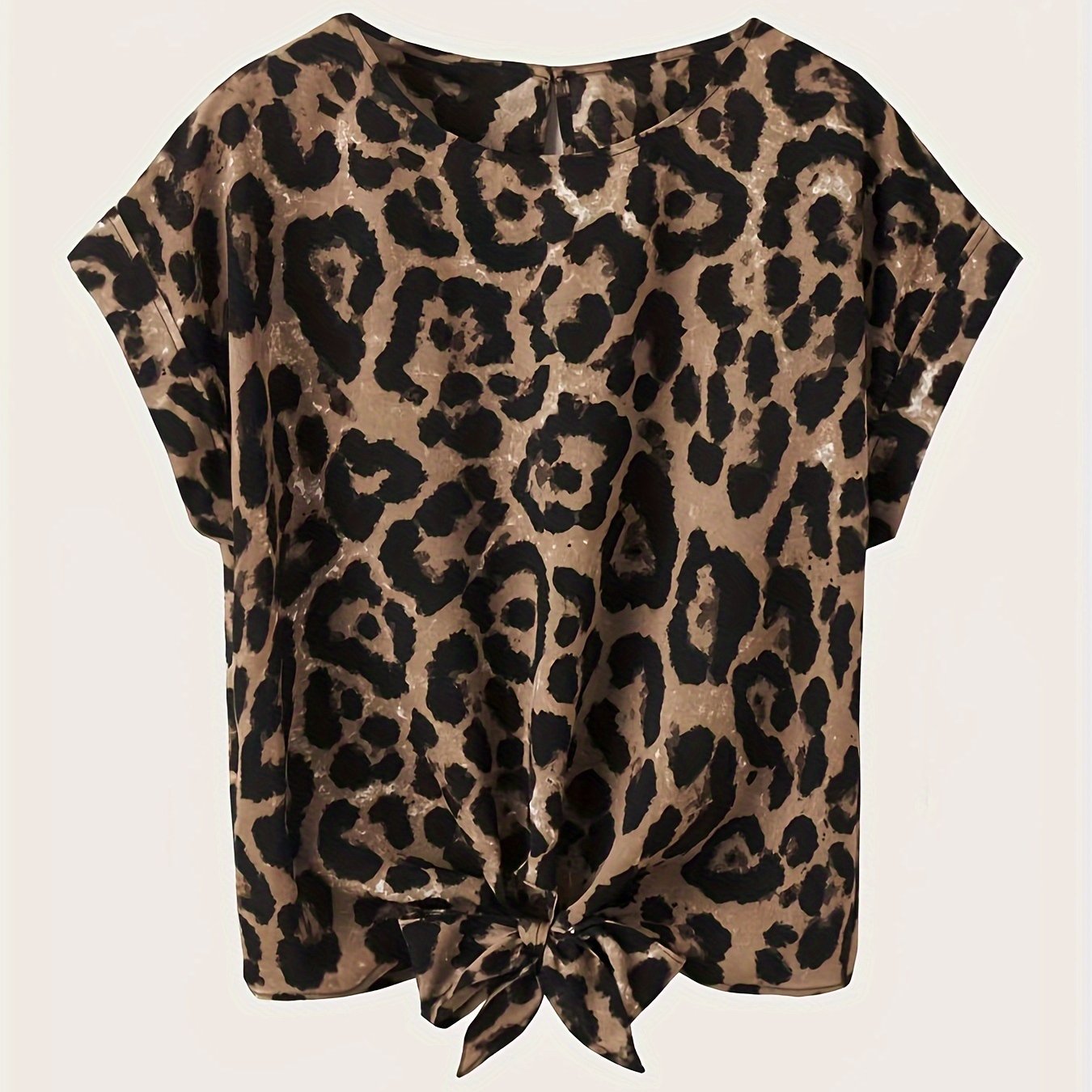 TEMU Leopard Print Tie Front Blouse, Casual Crew Neck Blouse For Spring & Summer, Women's Clothing