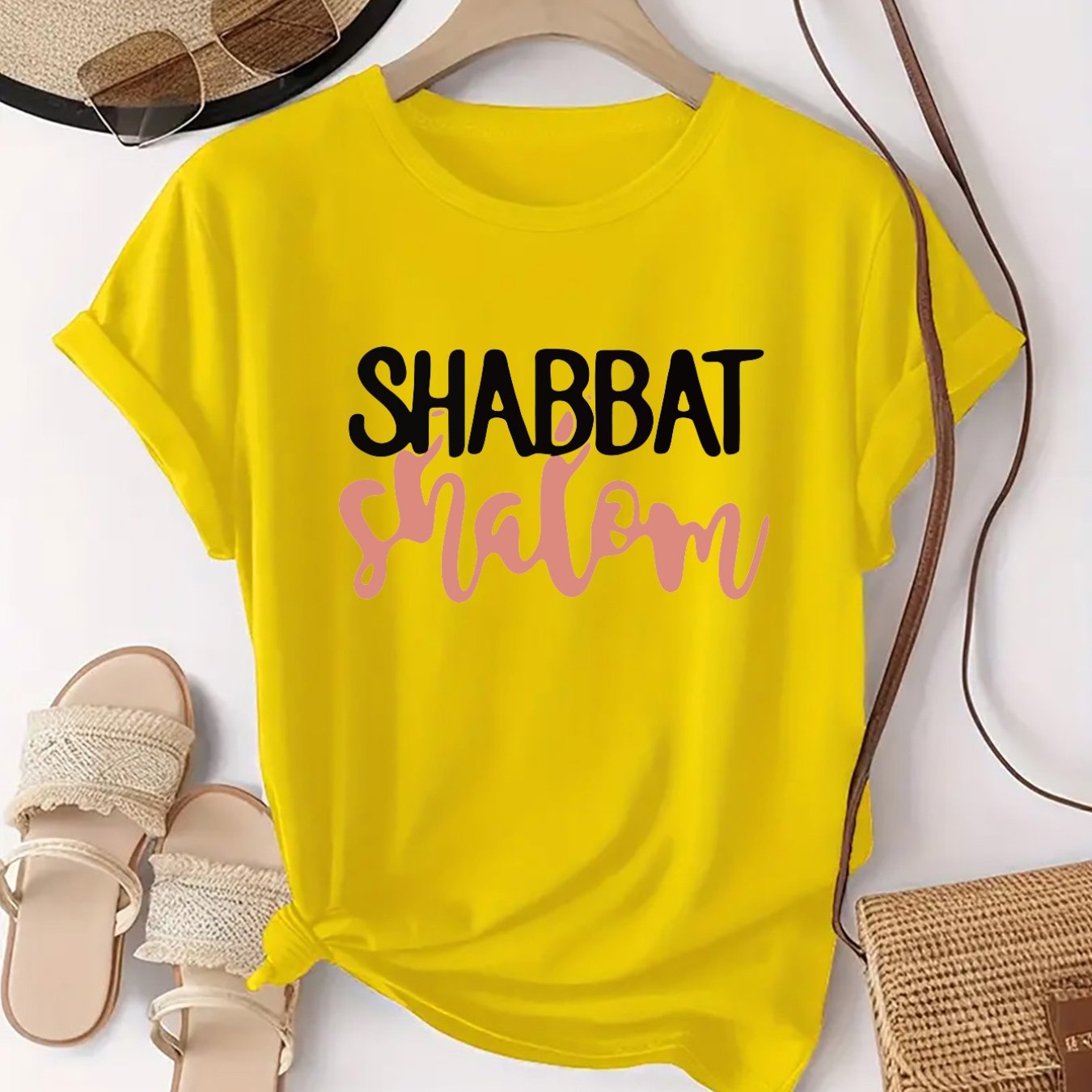 TEMU Women's Hebrew Peace Print T-shirt - & Design With Hebrew Letters, Casual Round Neck Short Sleeve Blouse, Jewish Apparel For Outfits