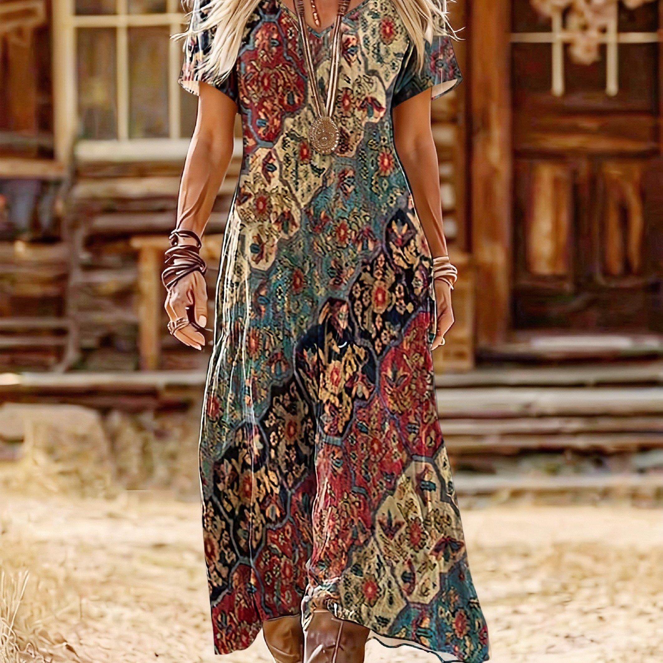 TEMU Women's Printed A-line Dress - Elegant Party And Casual Wear, Spring/summer/autumn Daily And Formal Occasions, Print V-neck Casual Dress
