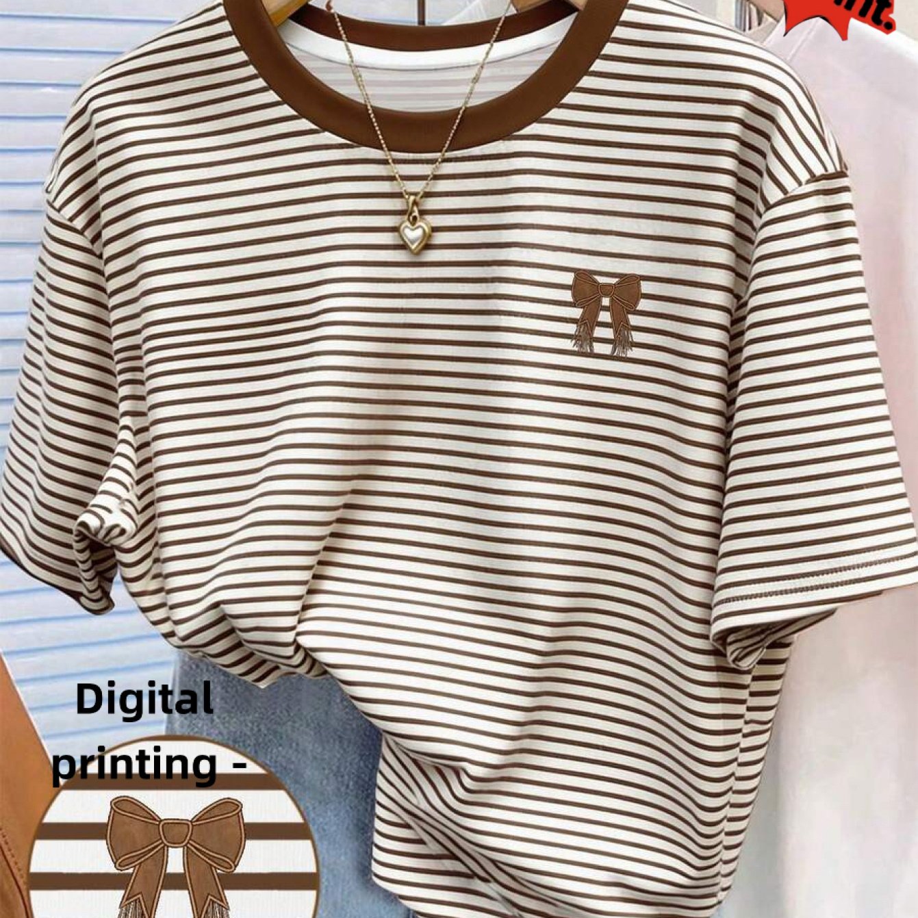 TEMU Printed Design – Not Textured. 1 T-shirt Only, No Accessories. A Trendy Item, Women's T-shirt Featuring A Striped Design With A Print. Suitable
