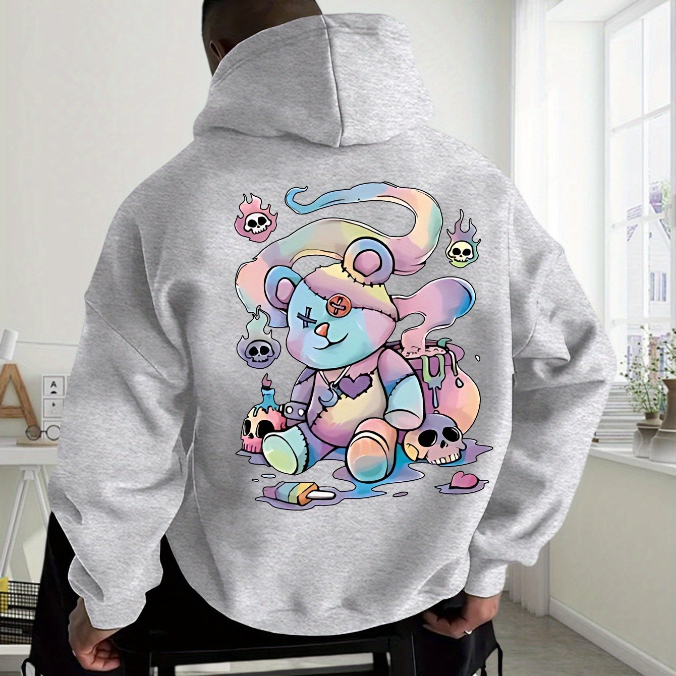 Image of A Colorful Bear With Skulls And Candy Theme Design Trendy Hoodie Men's Hoodie High Quality Thick Premium Sweatshirt For Casual Wear In Autumn Winter Gift For Who Styles