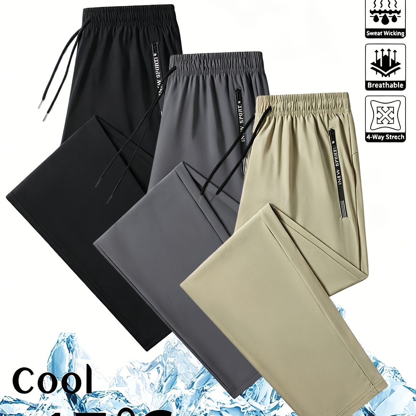 TEMU 3pcs Men's Summer Casual Sports Stretch Pants, Elastic Drawstring Waistband, Breathable Quick Dry Fabric, Side Zipper Pockets With Letter