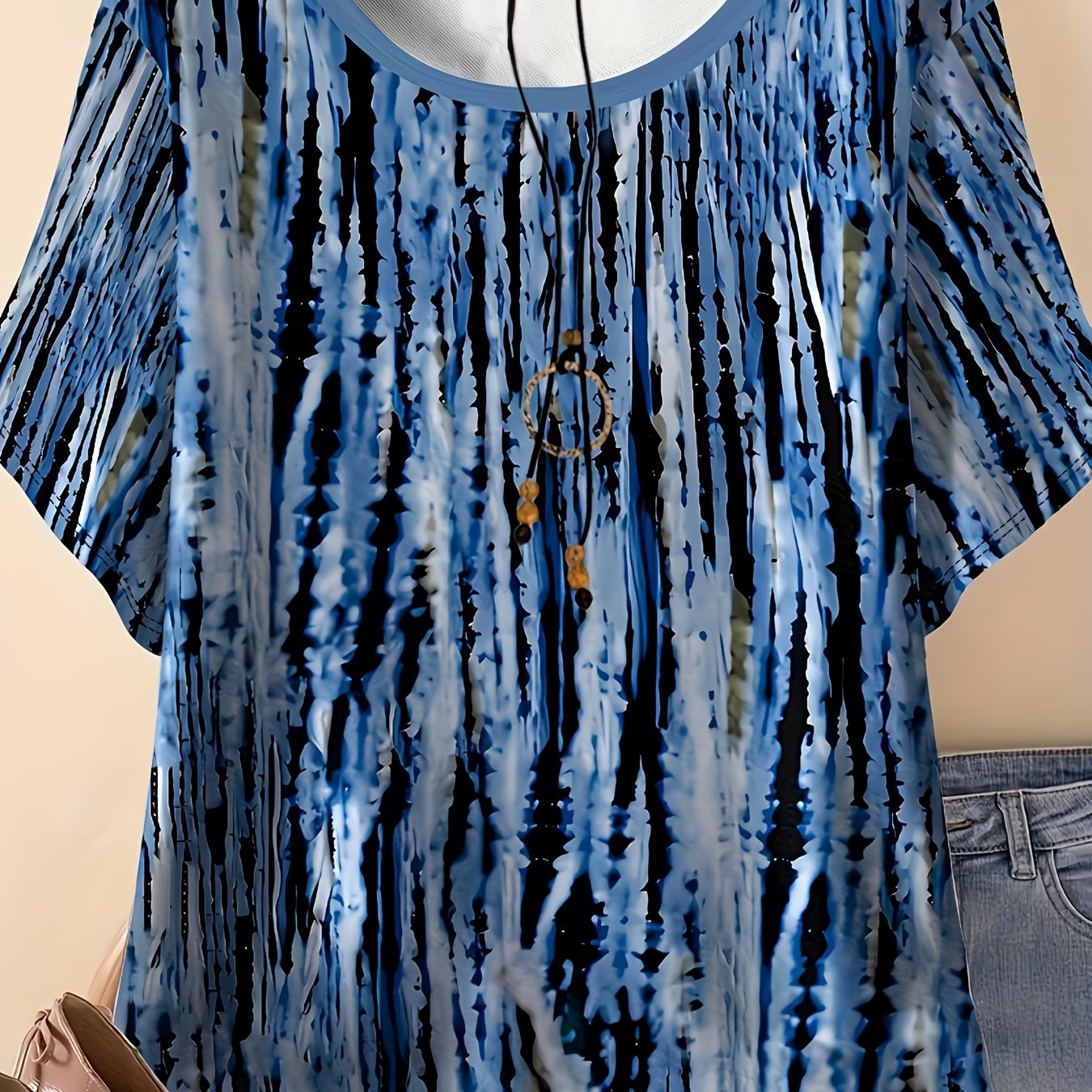 TEMU Women's Plus-size Oversized Athletic T-shirt - Full--black Tie-dye Stripe Print, Soft Breathable Fabric, Workout Top Suitable For Gym, Casual