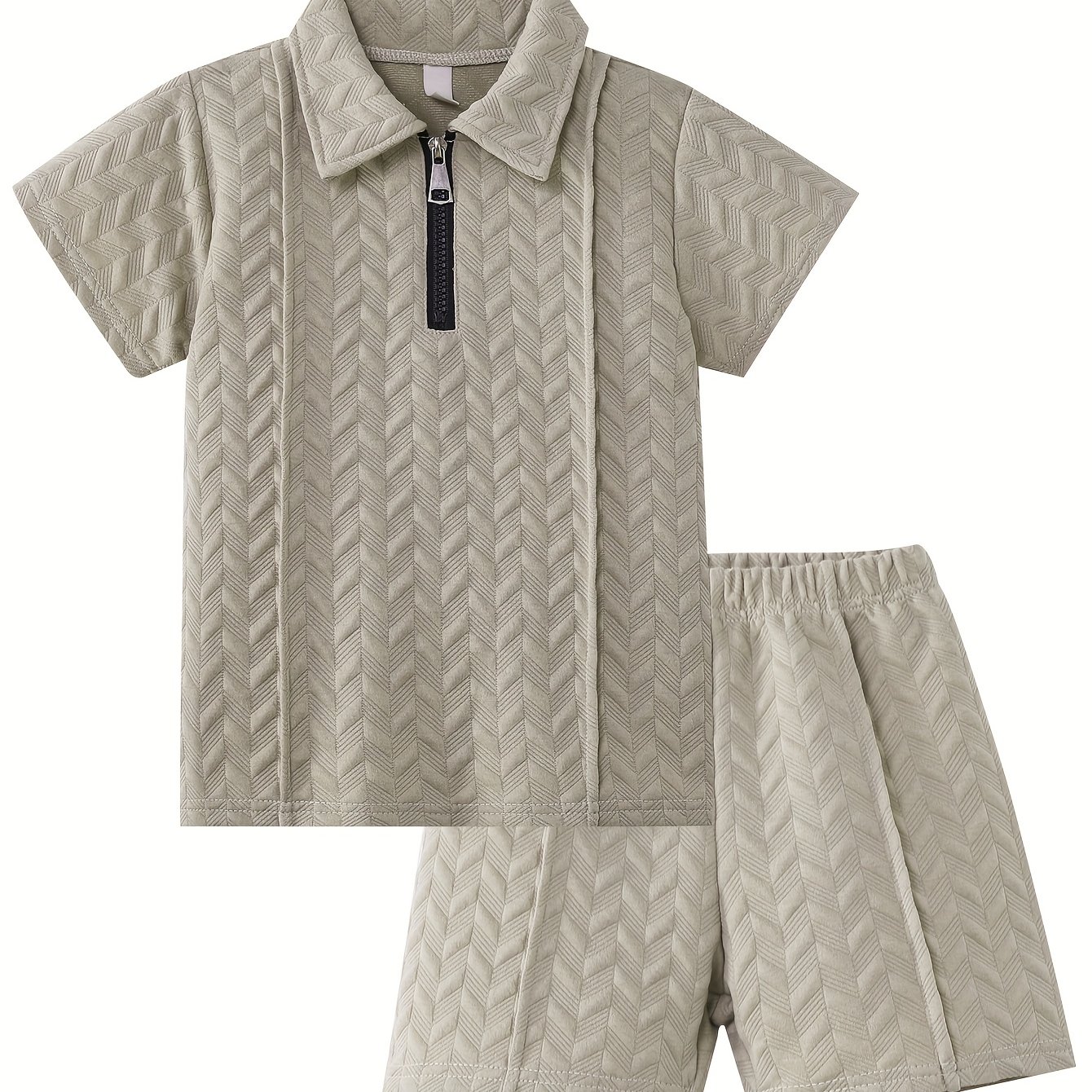 Image of Boys' Half-zip Lapel Short-sleeve Top & Solid Color Folded Elastic Waist Shorts 2pcs Set, Ideal As A Holiday Gift, Suitable For Outdoor Sports, Perfect For Outdoor