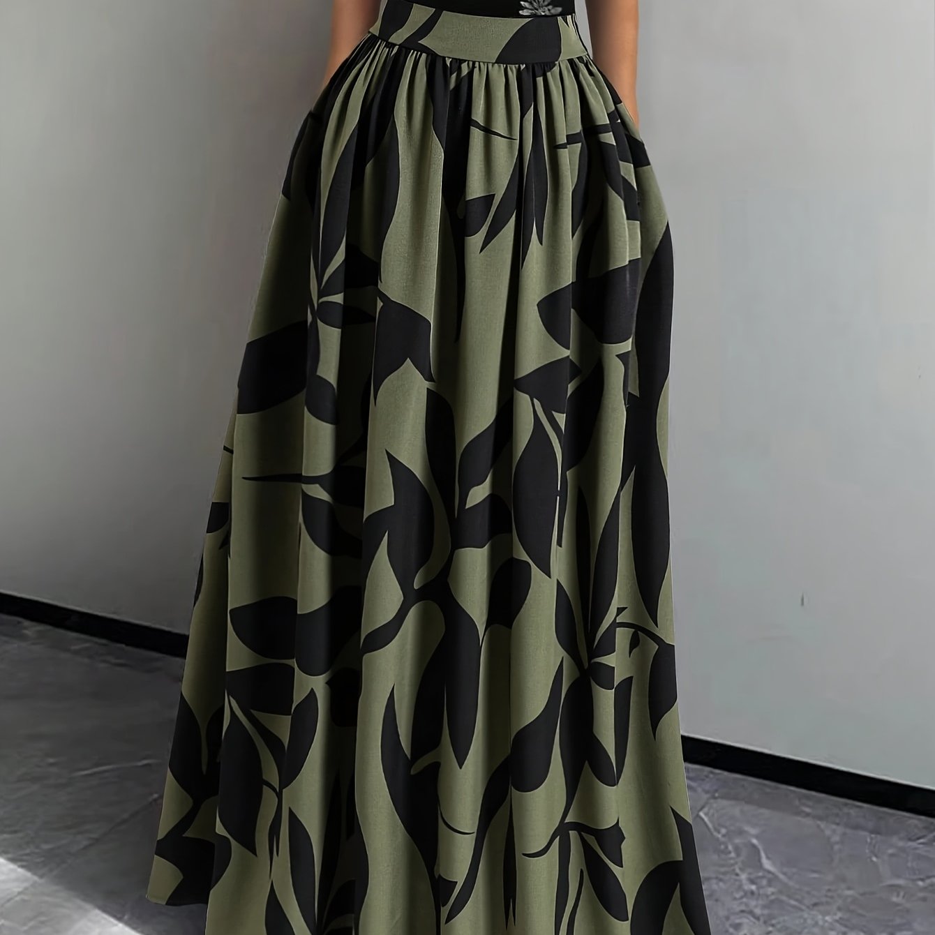 TEMU Women's Leaf Print Maxi Skirt High Waist A-line Flared Long Skirt With Pockets Casual Loose Floor Length Skirt For Vacation