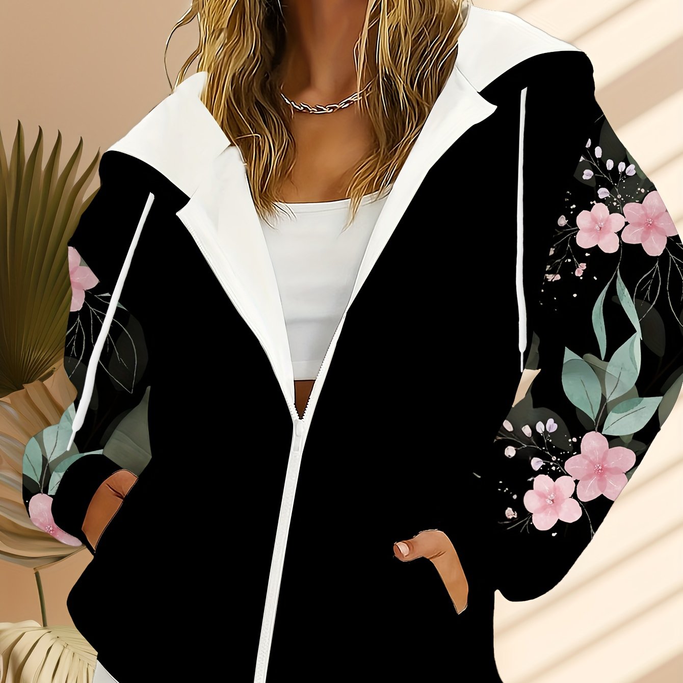 TEMU Plus Size Women's Casual Zip-up Long Sleeve Polyester Hoodie, 100% Polyester, Lightweight And Comfortable Spring/summer/autumn Top With Peach