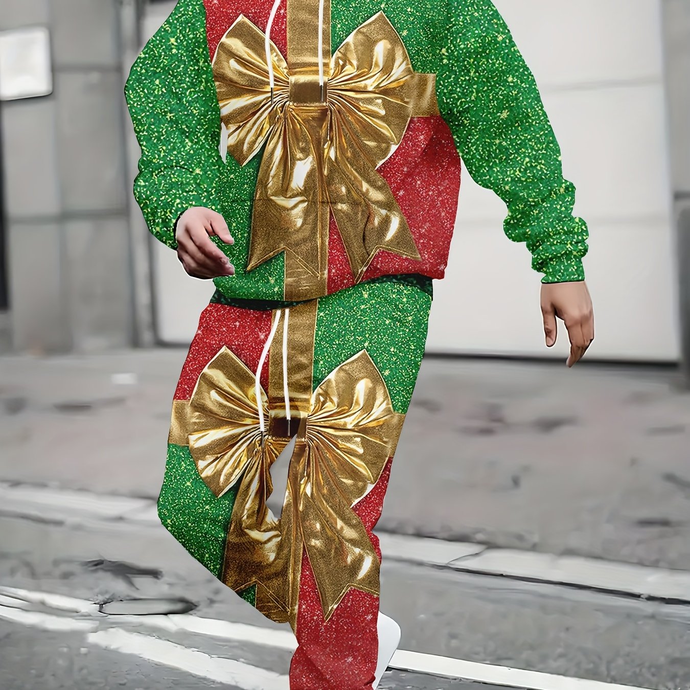 TEMU 2pcs Set Of Oversized Men's Christmas Red, Green And Gold Color-matching Gift Box Pattern Sweatshirt And Pants, Comfortable And Casual Hooded