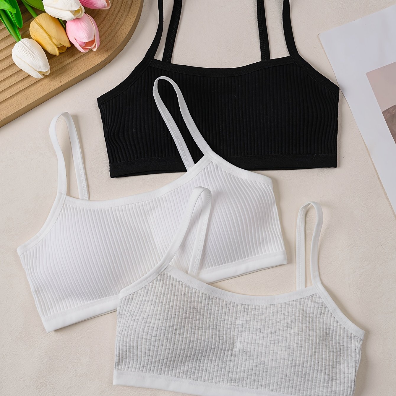 Image of 3-pc Girls' Training Bras, Ribbed Underwear, Comfortable And Skin-friendly, With Removable Pads, Wire-free For Growing Girls, Student Underwear, Suitable 7-14