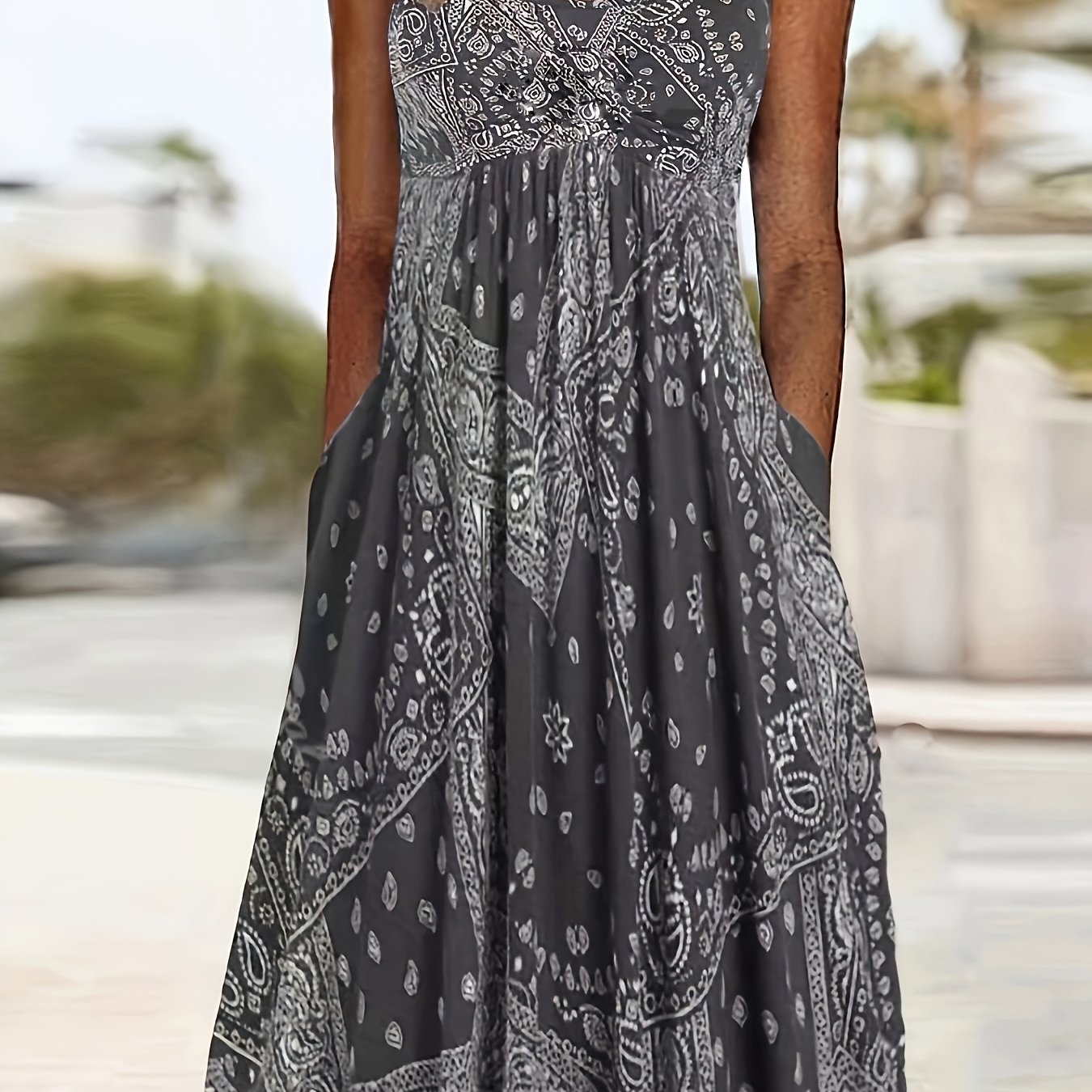 Image of Plus Size - Plus Size - Plus Size Women's Summer Sleeveless Paisley Print Dress, A-line Midi Dress With Round Neck