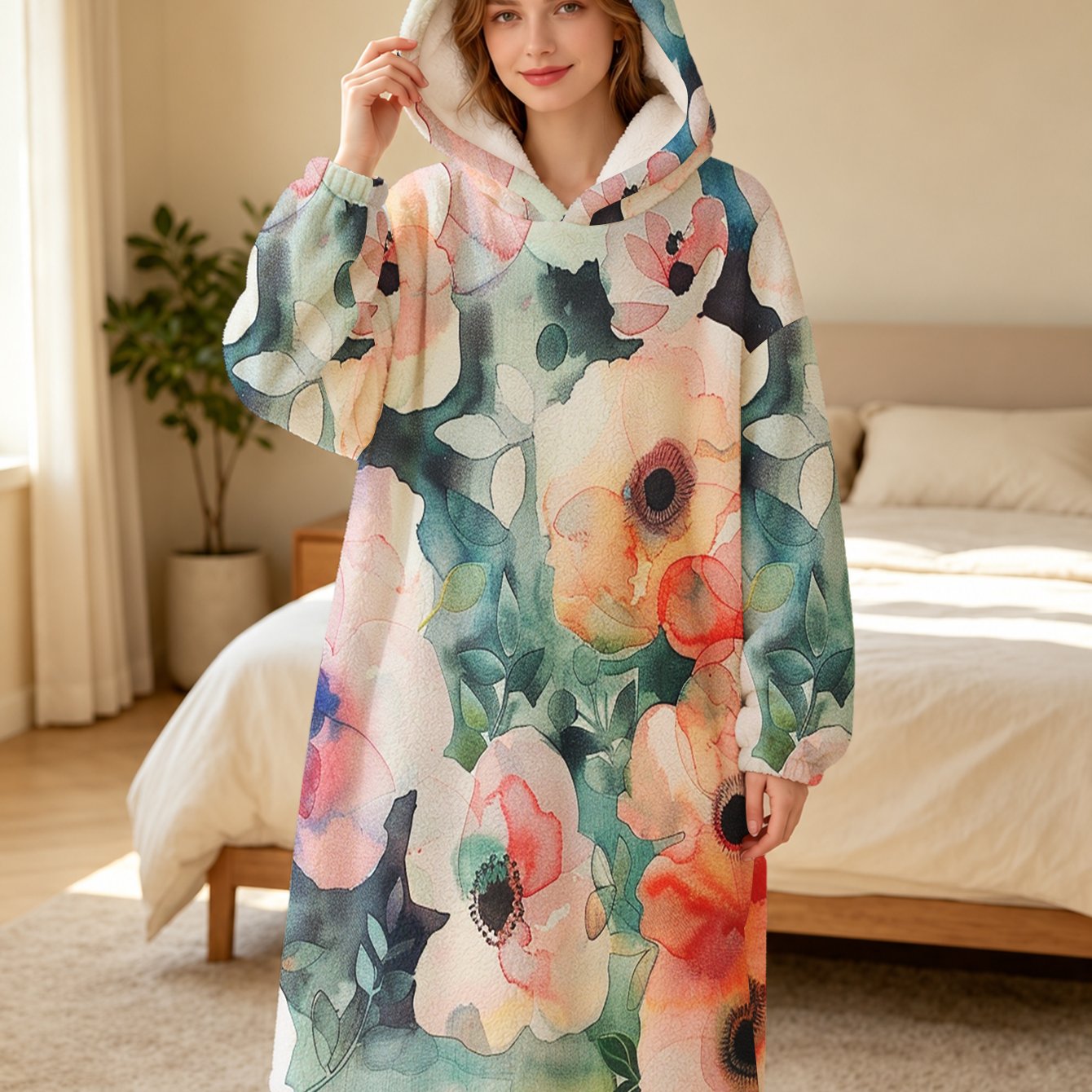 Image of Women's Flannel Hooded Pajamas Floral-print Pajamas Long Loungewear Robes Warm Long-sleeve Casual Pajamas For Fall And Winter Thanksgiving And Christmas Gifts