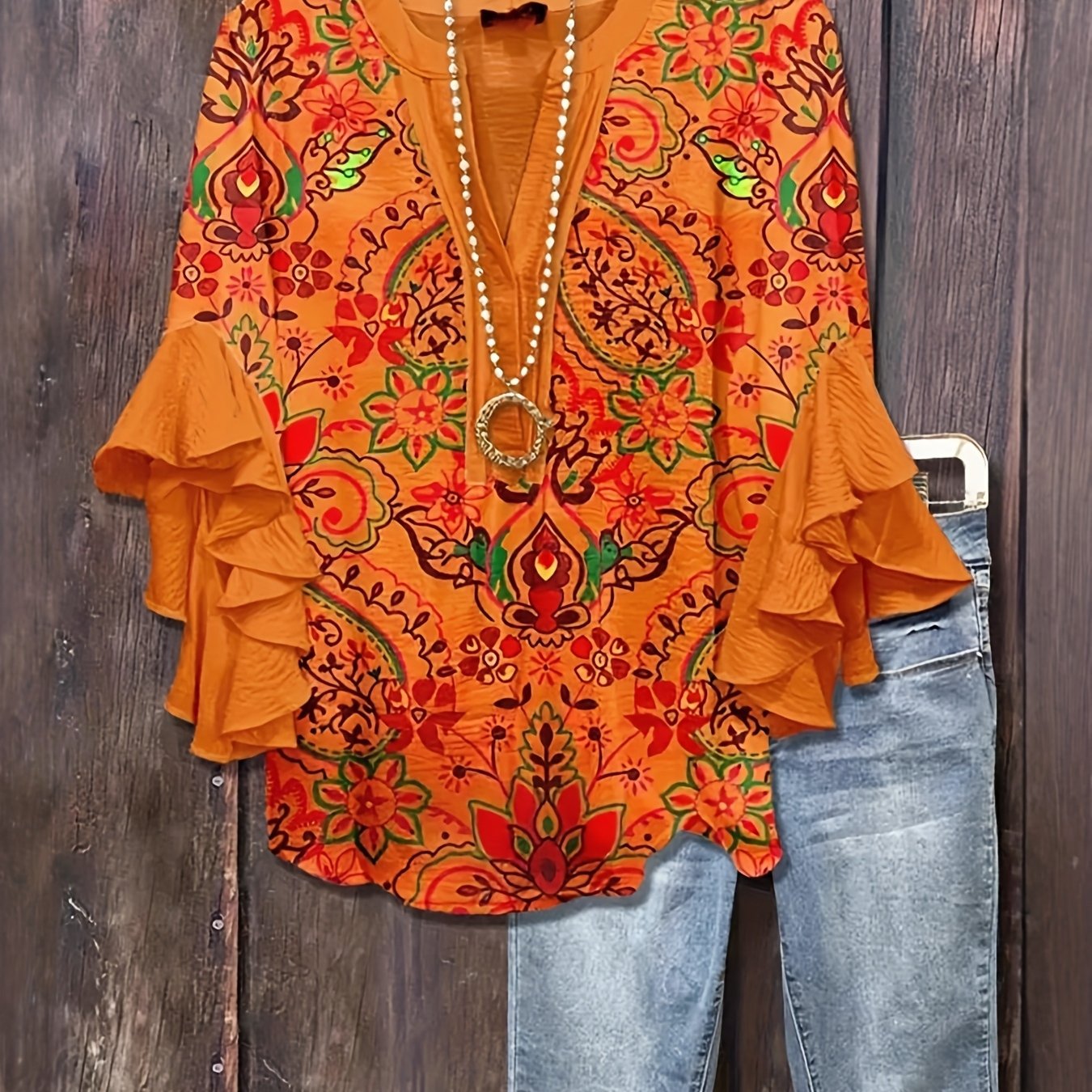 Image of Summer New Women's Ruffle Sleeve Top, Vibrant Retro Ethnic Totem Print, Cool& Breathable Shirt, Stylish Versatile Design Outdoor Streetwear