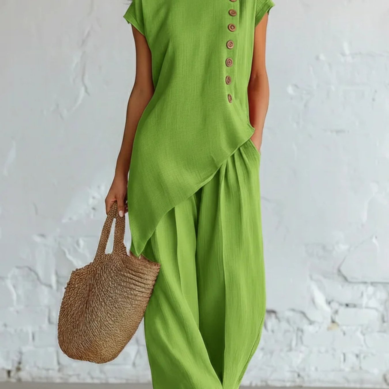 TEMU Women's Button Detail 2pcs Set, Asymmetrical Hem Top& Wide Leg Pants Outfit For Daily Wear& Vacation