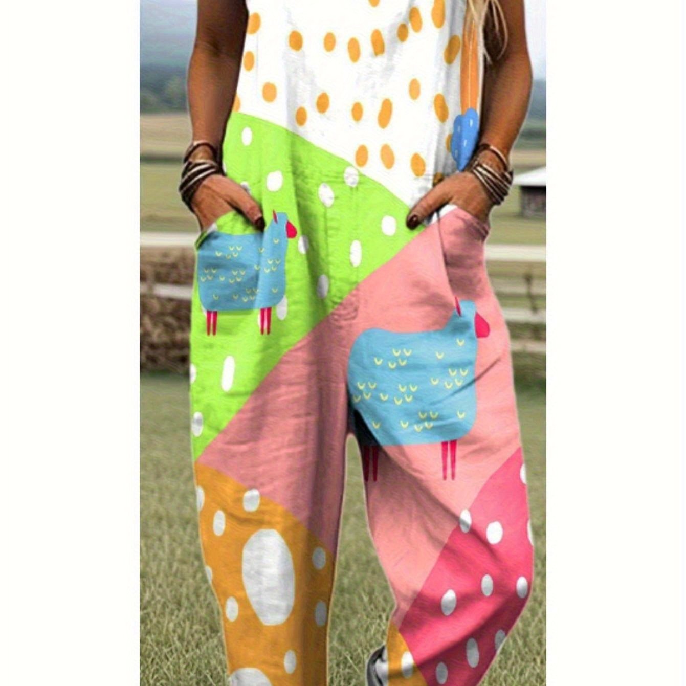 Image of Plus Size, Women's Summer 3d Printed Overalls, Cartoon Sheep Color Block Polka Dot Loose Jumpsuit, Fashionable Casual Suspender Pants For Beach Vacation, Machine Washable