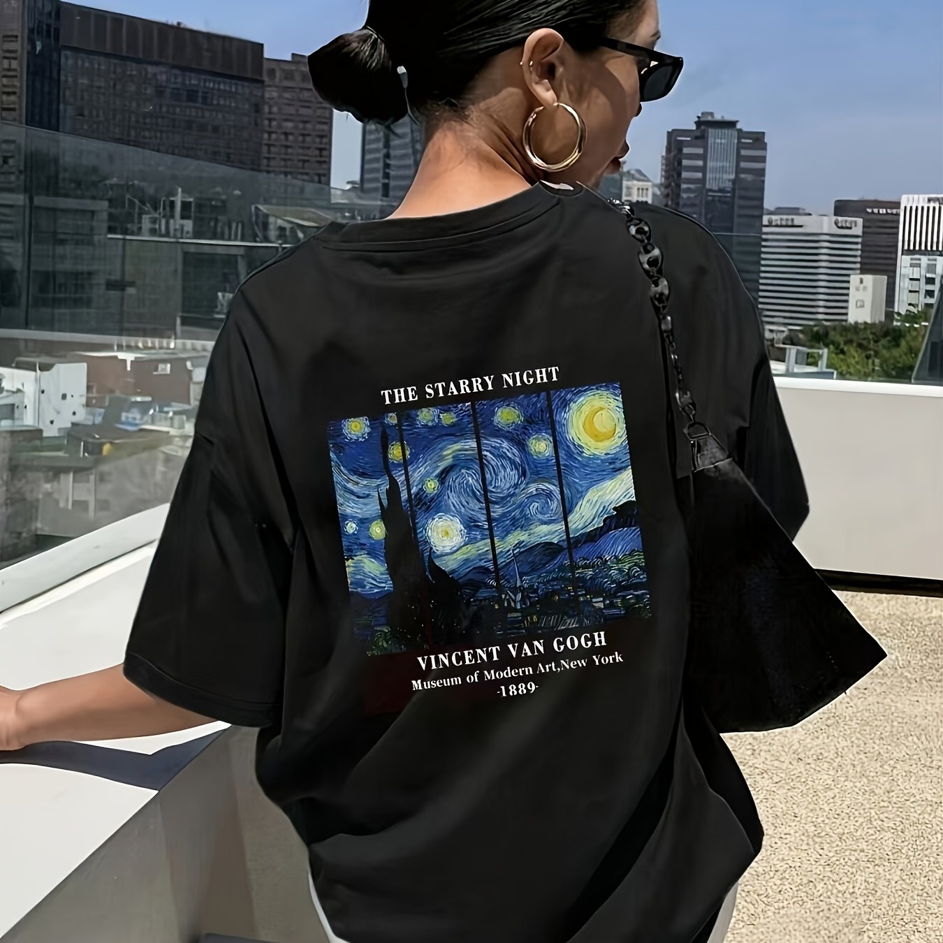 TEMU T-shirt imprimé avec un cercle et une de Van Gogh " Étoilée" | T-shirt polyvalent à manches courtes pour femmes | T-shirt imprimé pour femmes