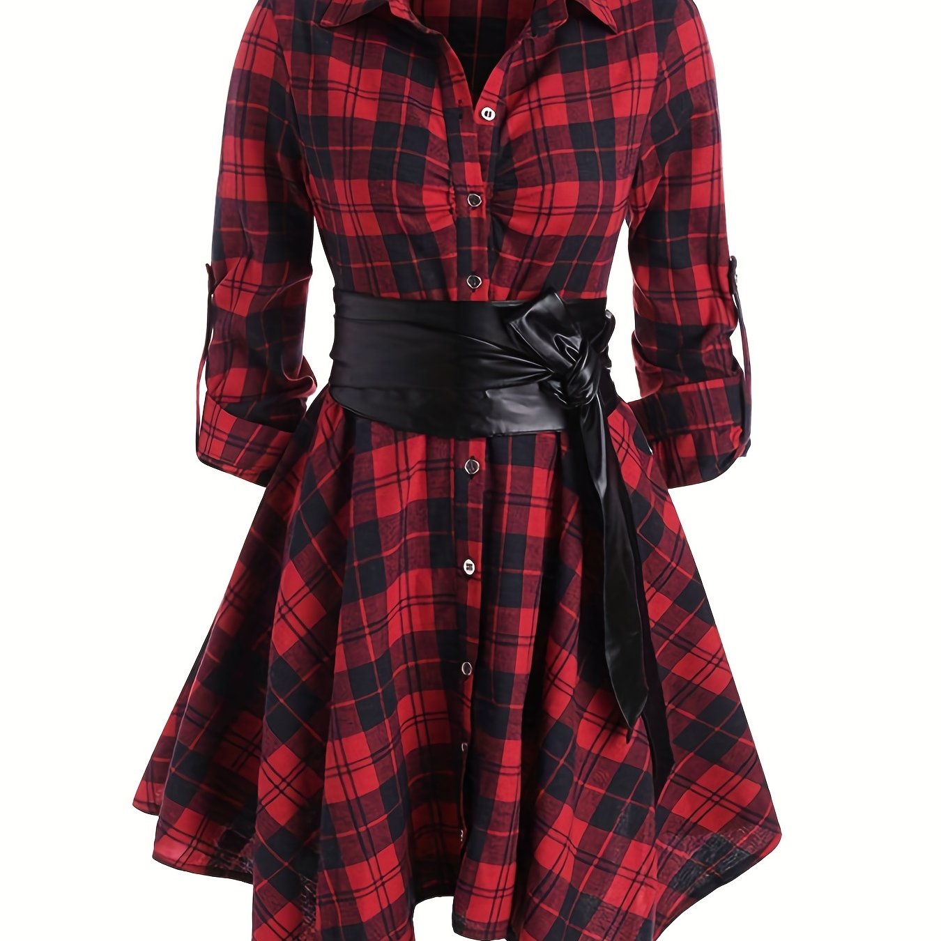 Plus Size - Plus Size - Print Belt Collar Irregular Dress