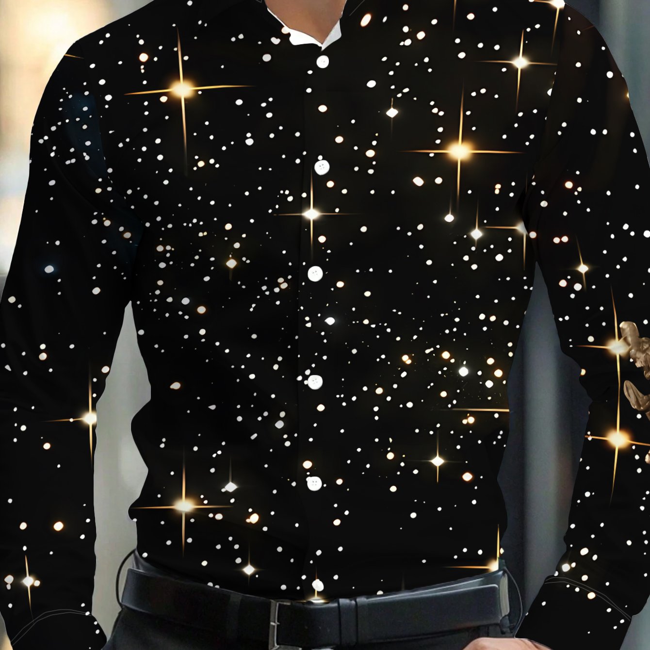 TEMU Men's Casual Shirt Featuring A Starry Night Design With A Golden Sculpture Print On And Long Sleeves