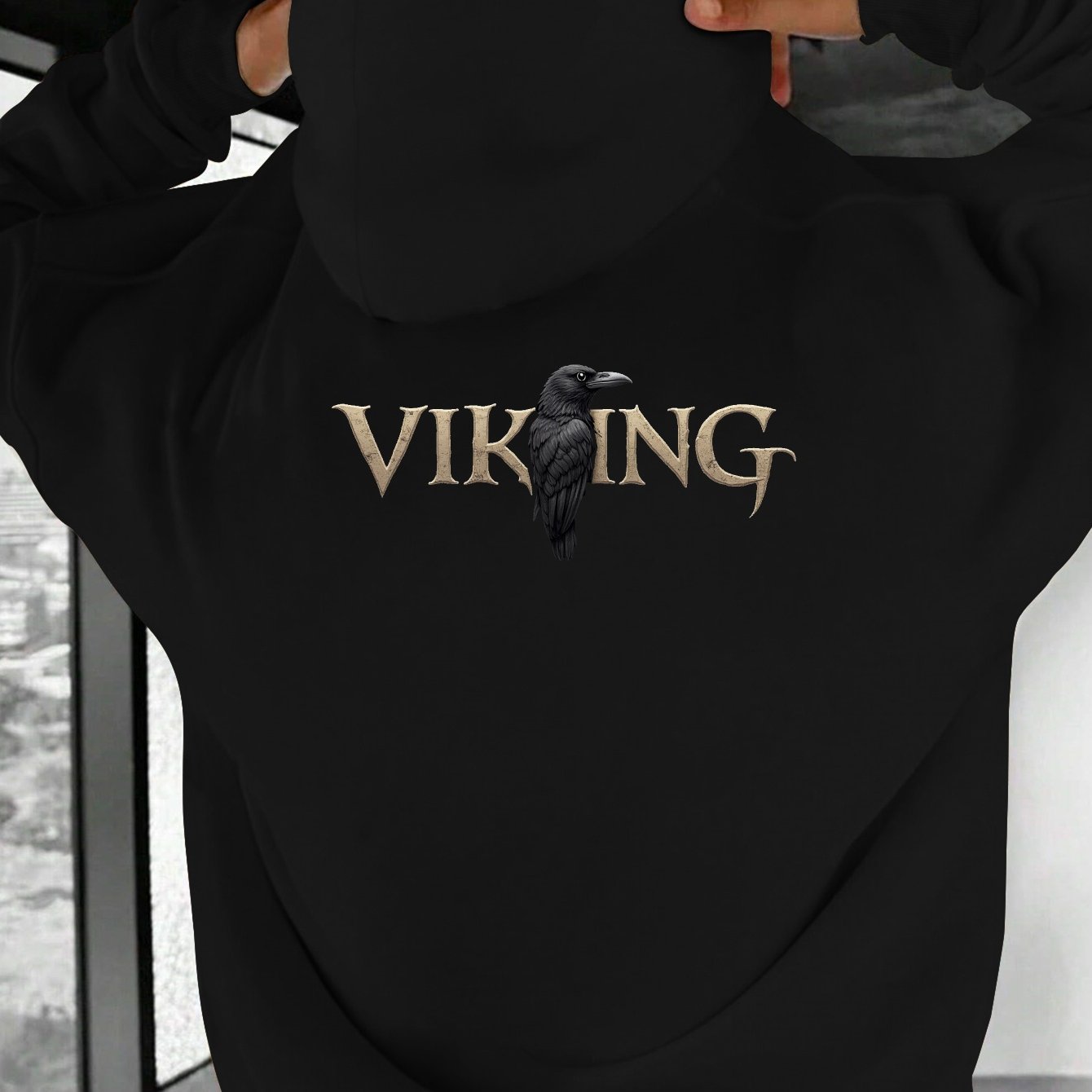 Men's Plus-size Nordic Style Hoodie - Featuring A Viking , This Black Casual Loose-fit Long-sleeve Pullover From Non-stretch Fabric, With A Relaxed Fit And Print Design, Plus Size