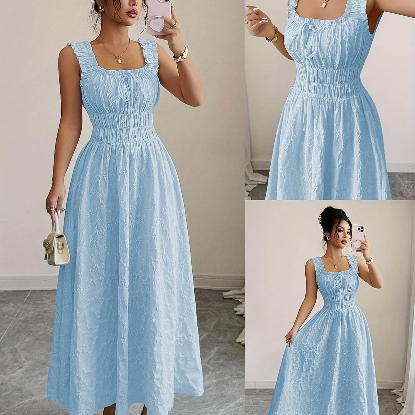 E-shop Neues Damenkleid mit strukturiertem Blumenstoff, Spaghettiträgern Schleifen-Taillendesign – Elegantes vielseitiges Damenkleid für Partys,