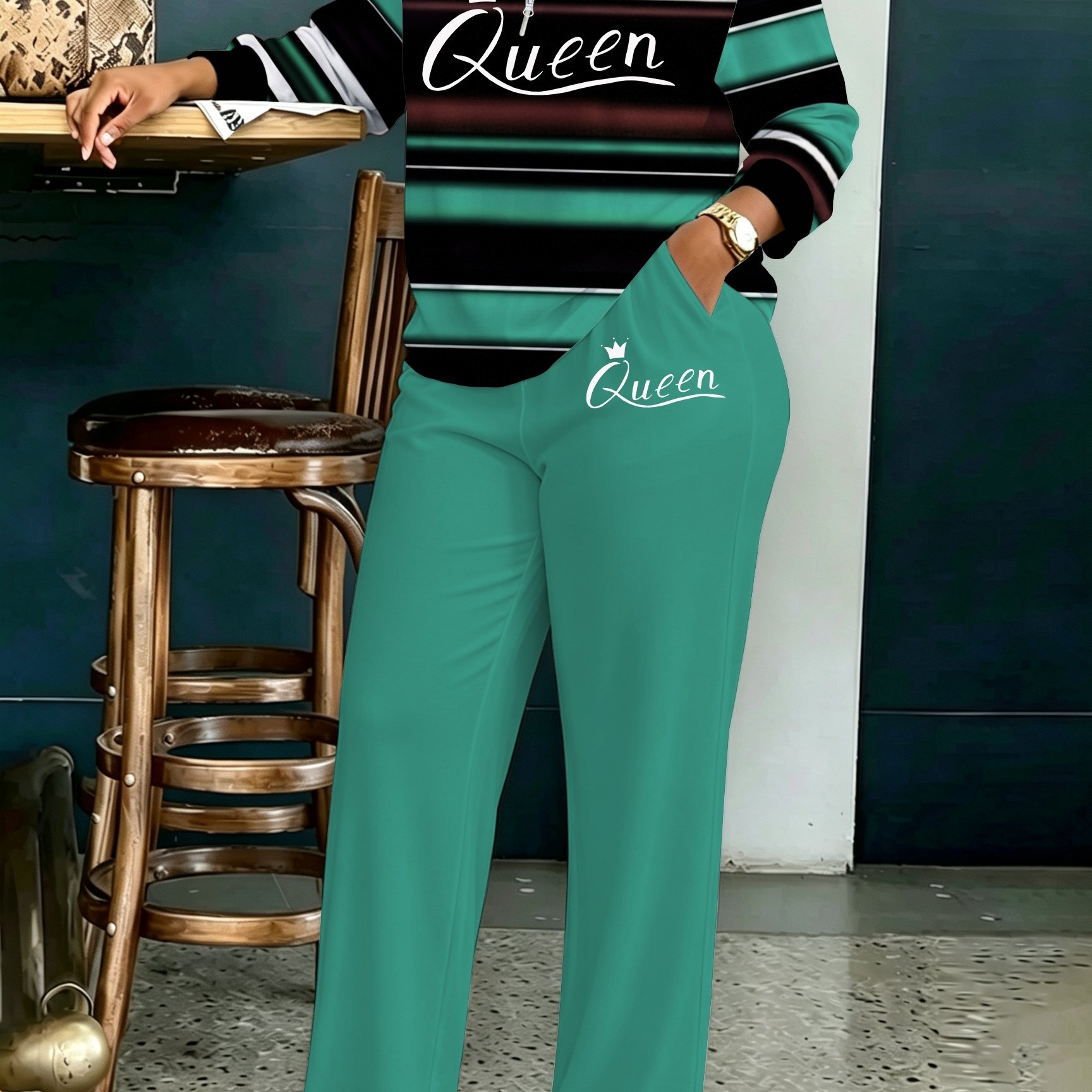 TEMU Plus Size Women's 2pcs Sportswear Set, Striped Half-zip Collar Long-sleeved Letter Print Top   Solid Color Wide-leg Pants And Outdoor Set