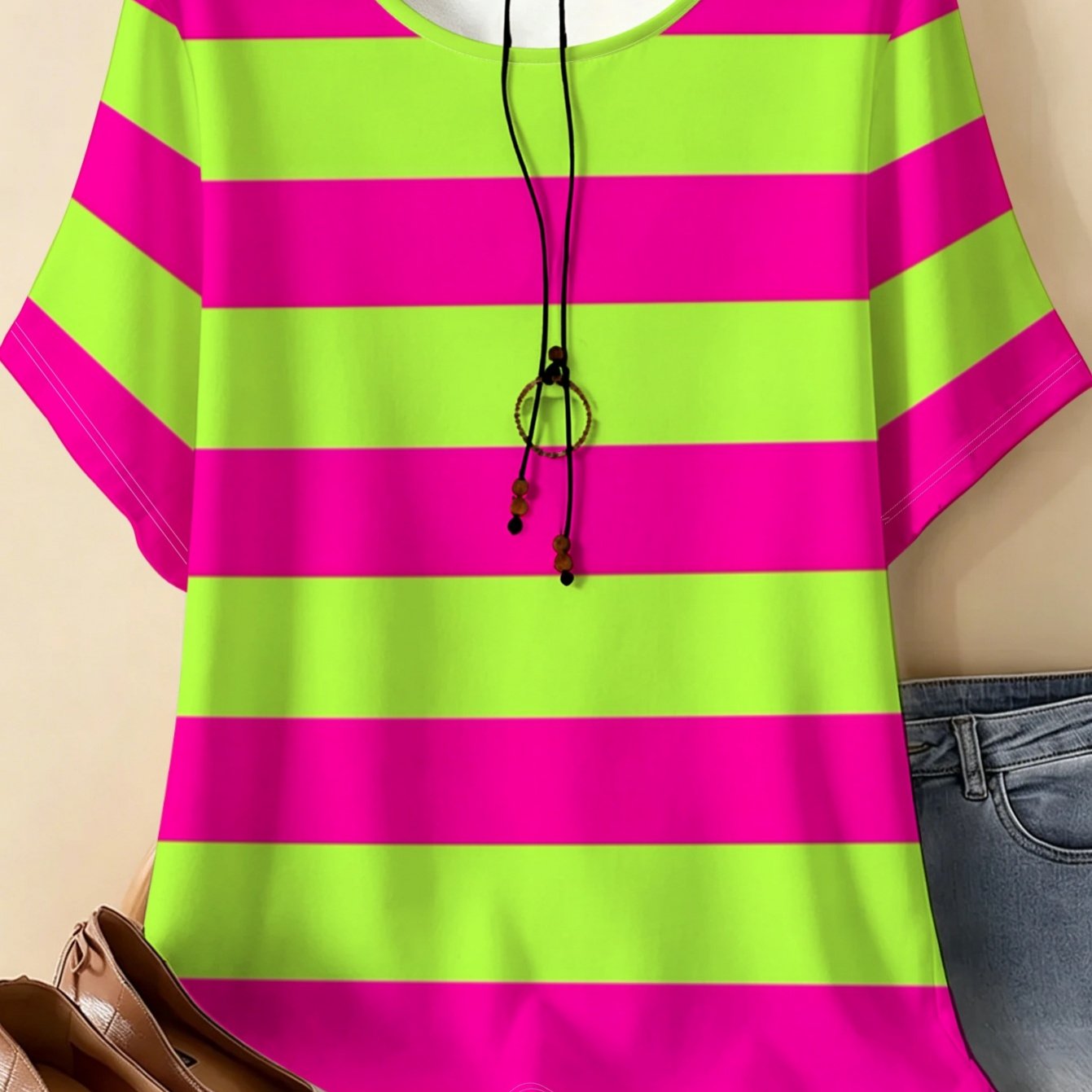 TEMU Plus-size Rose Red & Fluorescent Green Horizontal Stripe T-shirt - Full-body Print Crew Neck Short Sleeve Top, Sporty Suitable For Wear, Machine