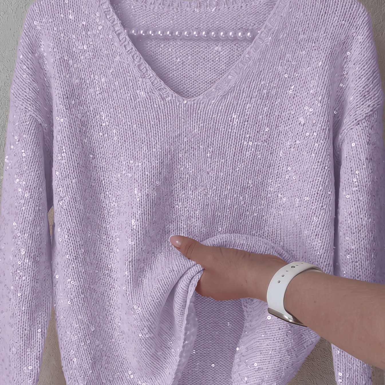 TEMU Plus Size, Plus-size Fine-glitter Sequin V-neck Loose-fit Sweater, Gentle And Versatile Sweater, Soft And -friendly, Conceals And Fits All Body