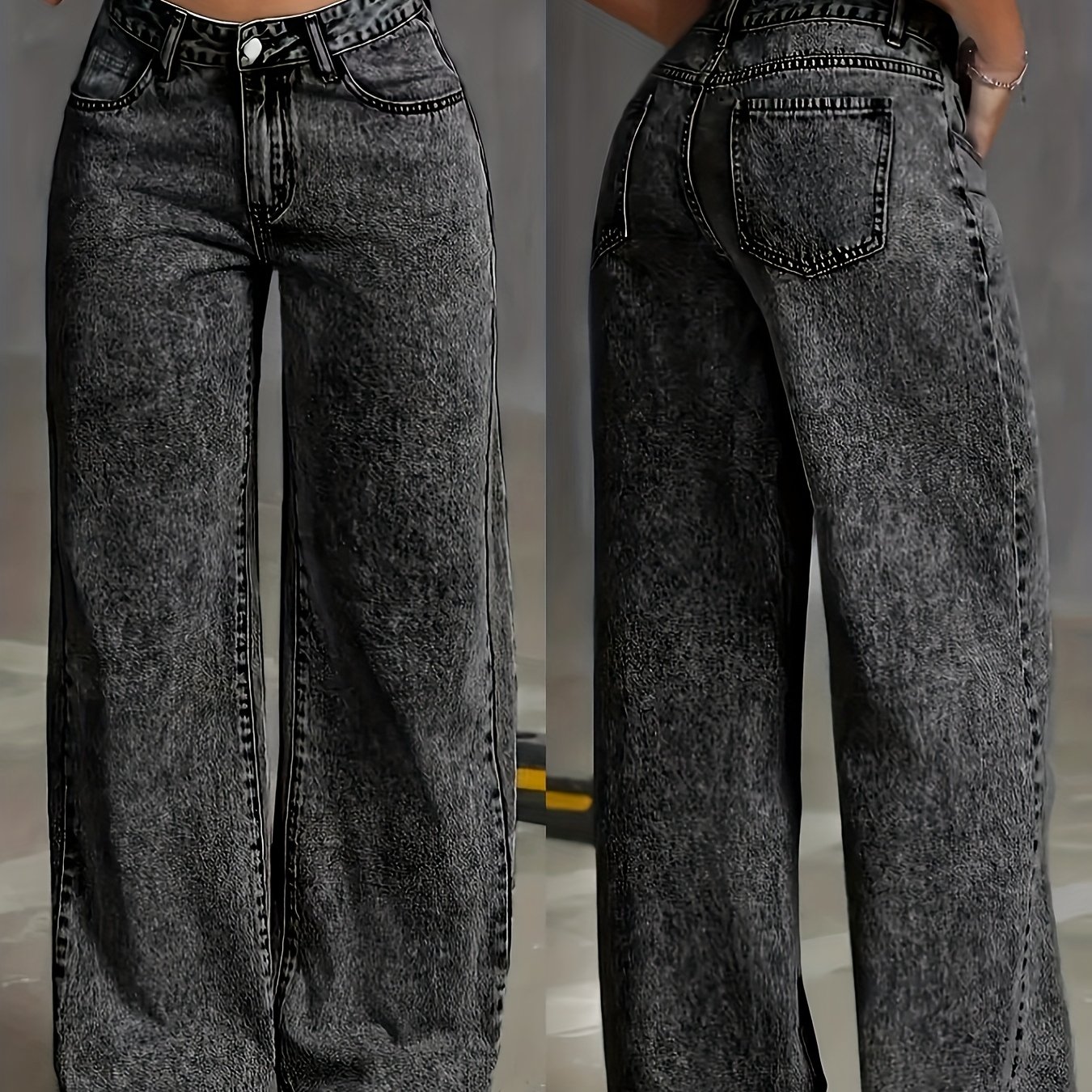 Women's Black Gray Korean Wide-leg Jeans