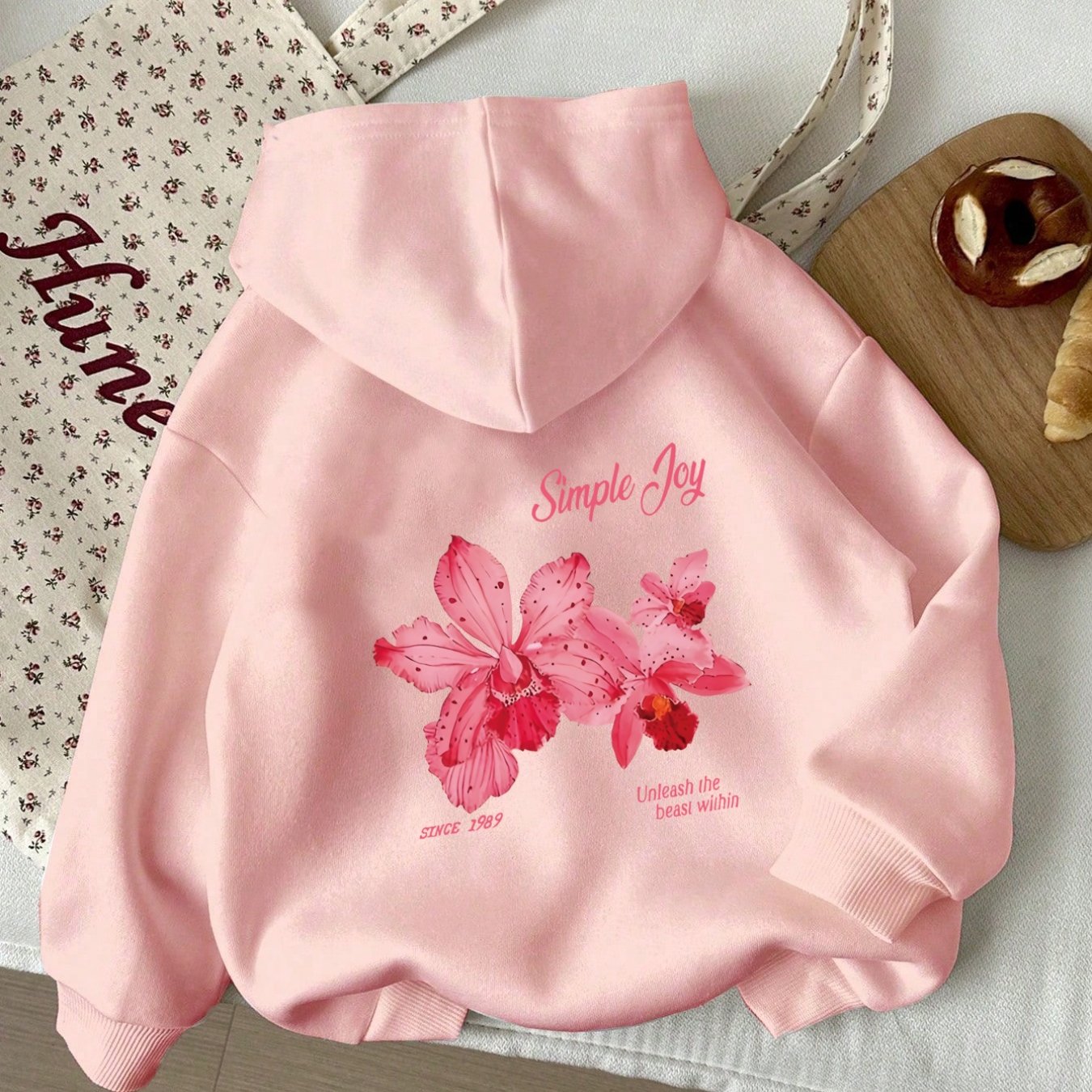 TEMU Sudadera con Capucha para Mujer - Estampado Floral Rosa y Texto "Simple Joy", 100% Poliéster, Lavable a Máquina, Cómoda para Otoño/Invierno,