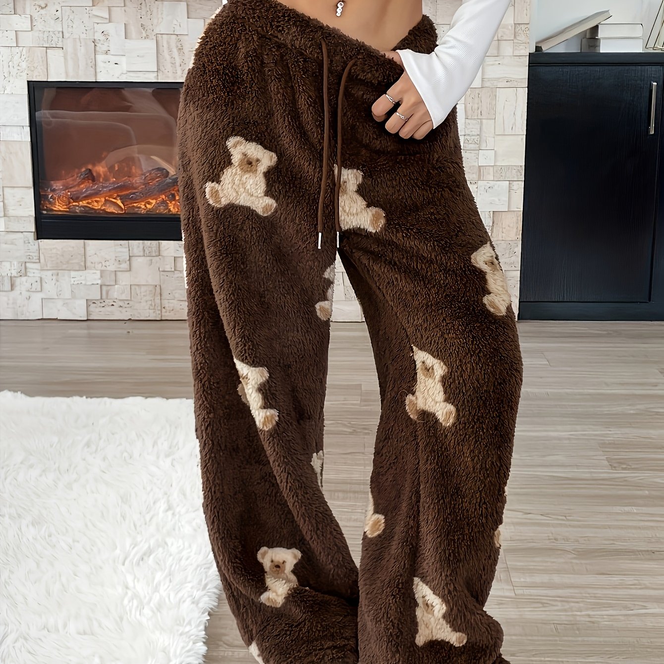 TEMU Women's Long Pants Design, New Autumn/winter Fashionable And Warm Casual Pants, Decorated With Bear Elements, Wide-leg Style For A Loose And .