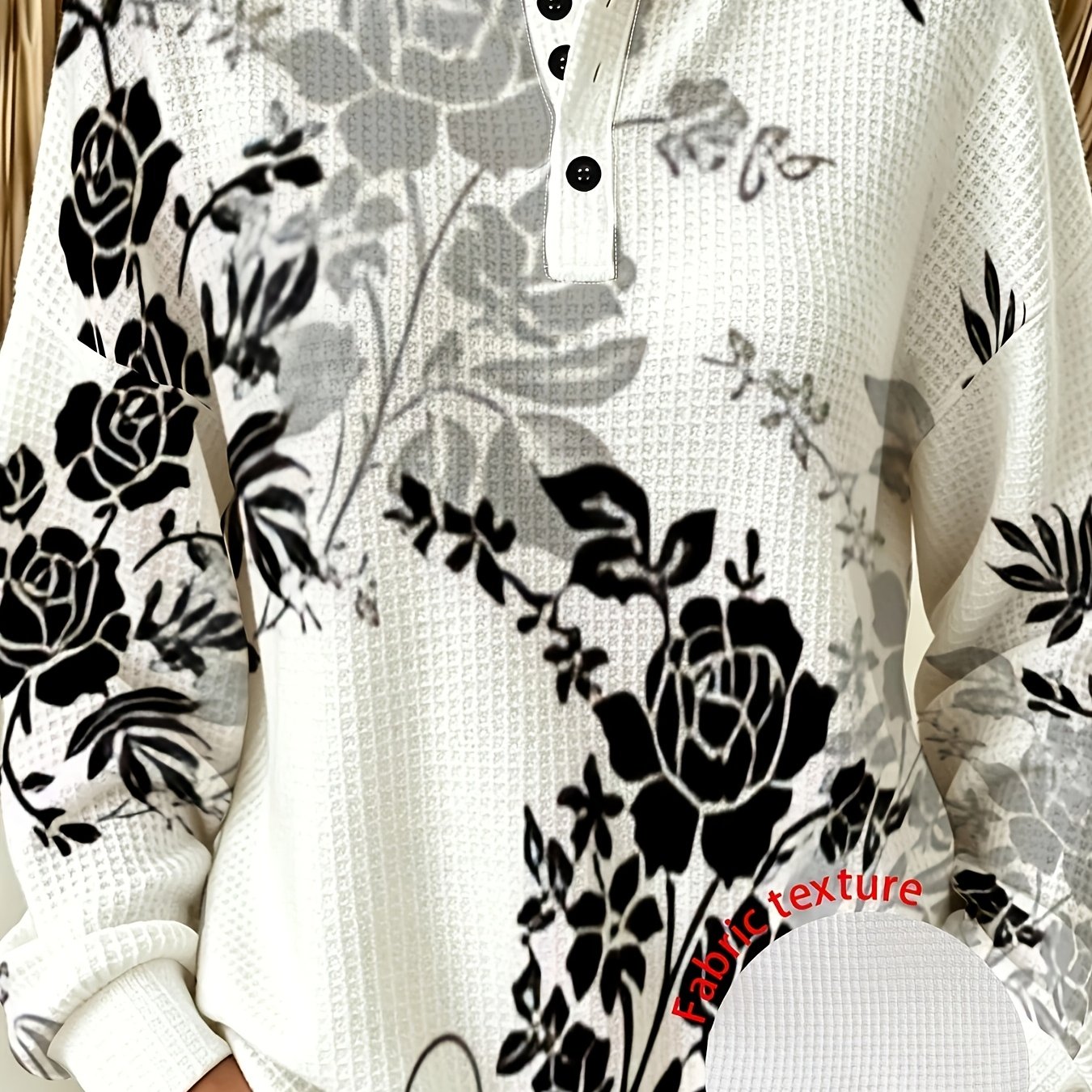 TEMU Plus Size, Henley Collar Button-up Half-open Front Long Sleeve Top, Waffle Fabric, European And Ethnic Print Full-print Long Sleeve T-shirt,