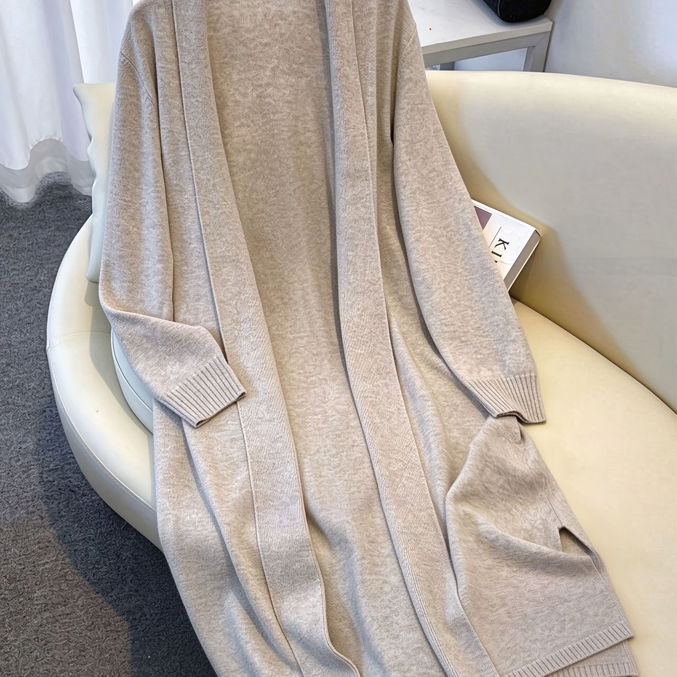 TEMU Cardigan Long Style Femme Printemps Automne Au-dessus de la Cheville Manteau Ouvert Devant Polyvalent Vêtement d'Extérieur Fente Latérale Easy
