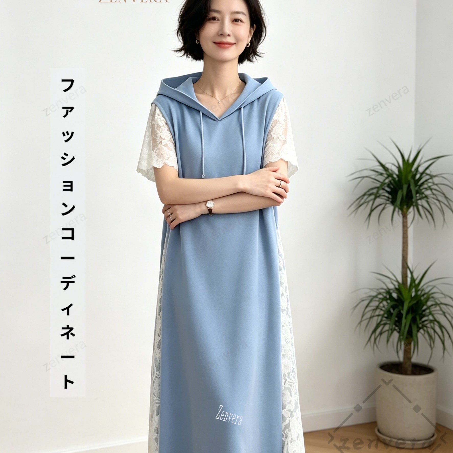 TEMU 春夏ファッション フード付き レース切り替え 半袖ドレス