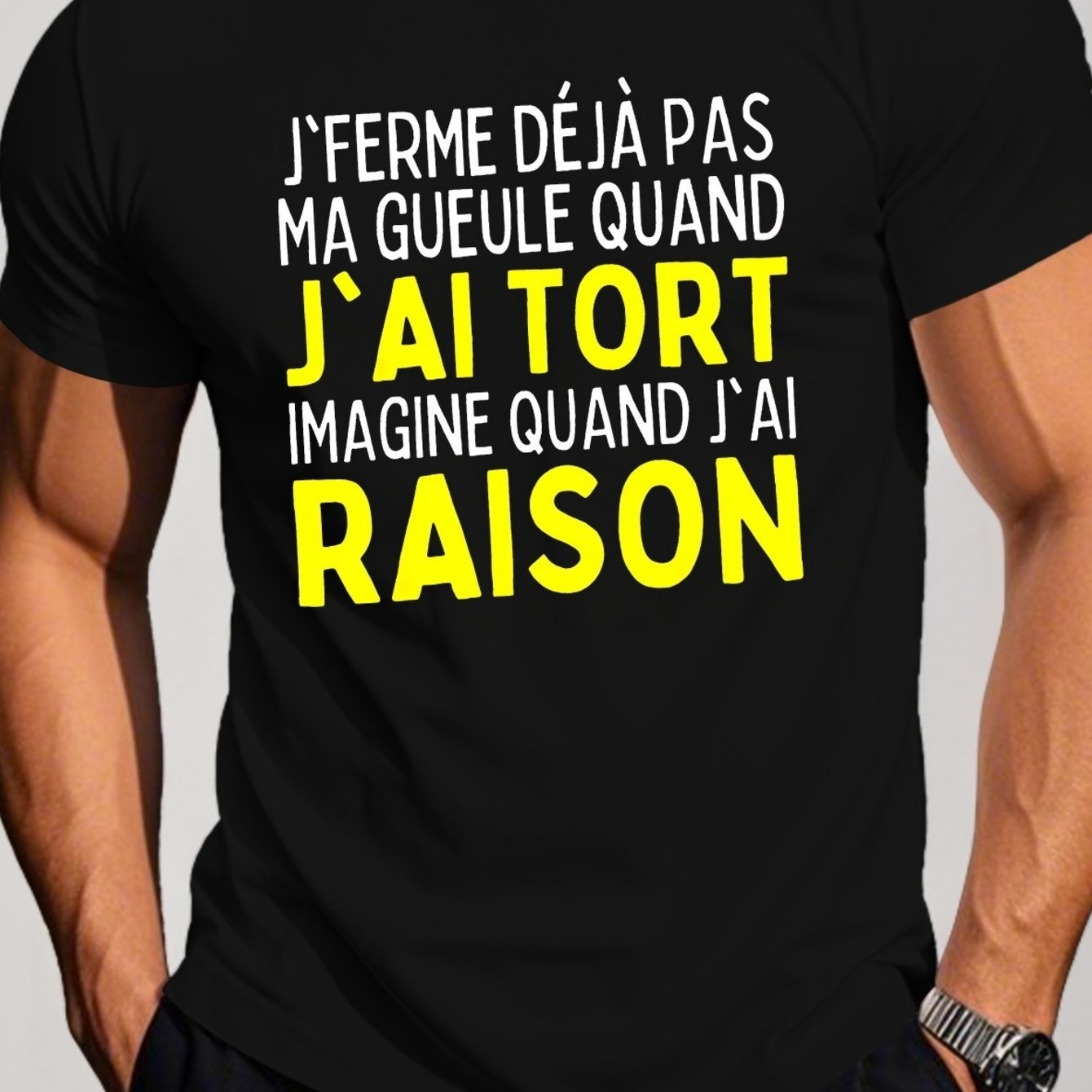 TEMU T-shirt Homme Citations Drôles - Noir avec Français Blanc et Imprimé Jaune | Col Rond Décontracté | Phrases "Je Une Oule" et "J'Ai Tort" |