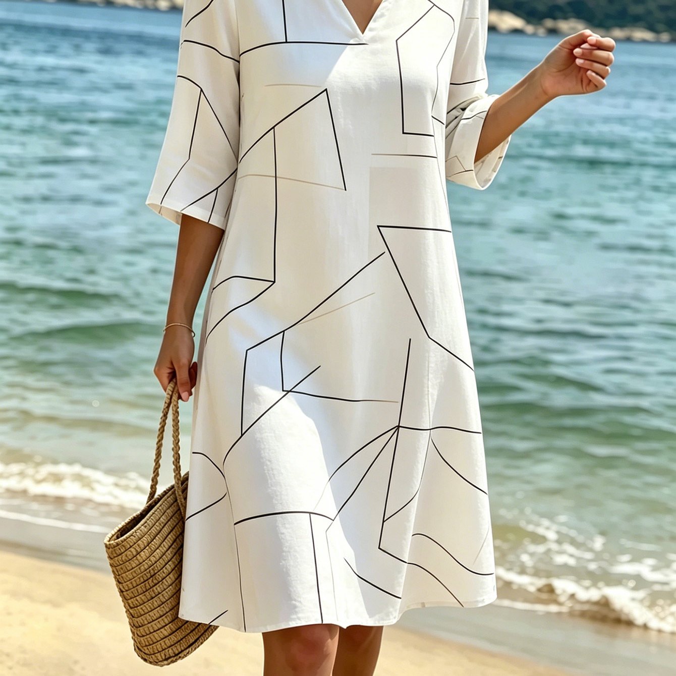 Women's Dresssummergeometric Print V-neck Dressloose, Breathable & Drapeddaily Casual Vacationminimalist -block , Flattering For All Body Typesstraight H-shapethre